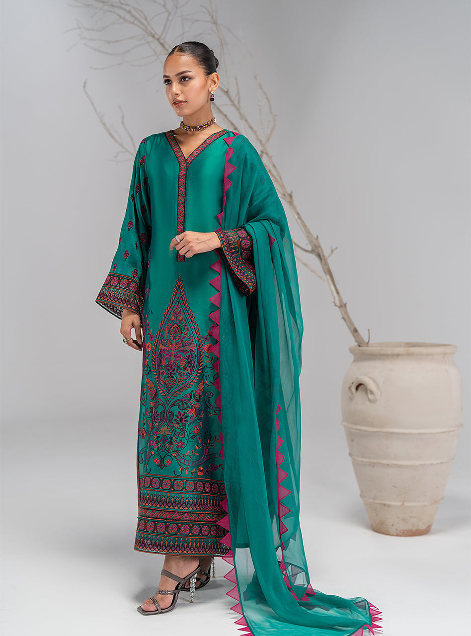 Pakistani Emerald Green Embroidered Silk Salwar Kameez (3-Piece) - Image 9