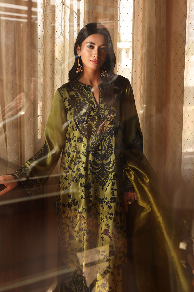 Mehndi Green Embroidered Silk Long Shirt (3-Piece) - Image 2