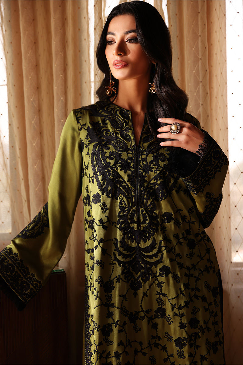 Mehndi Green Embroidered Silk Long Shirt (3-Piece) - Image 3