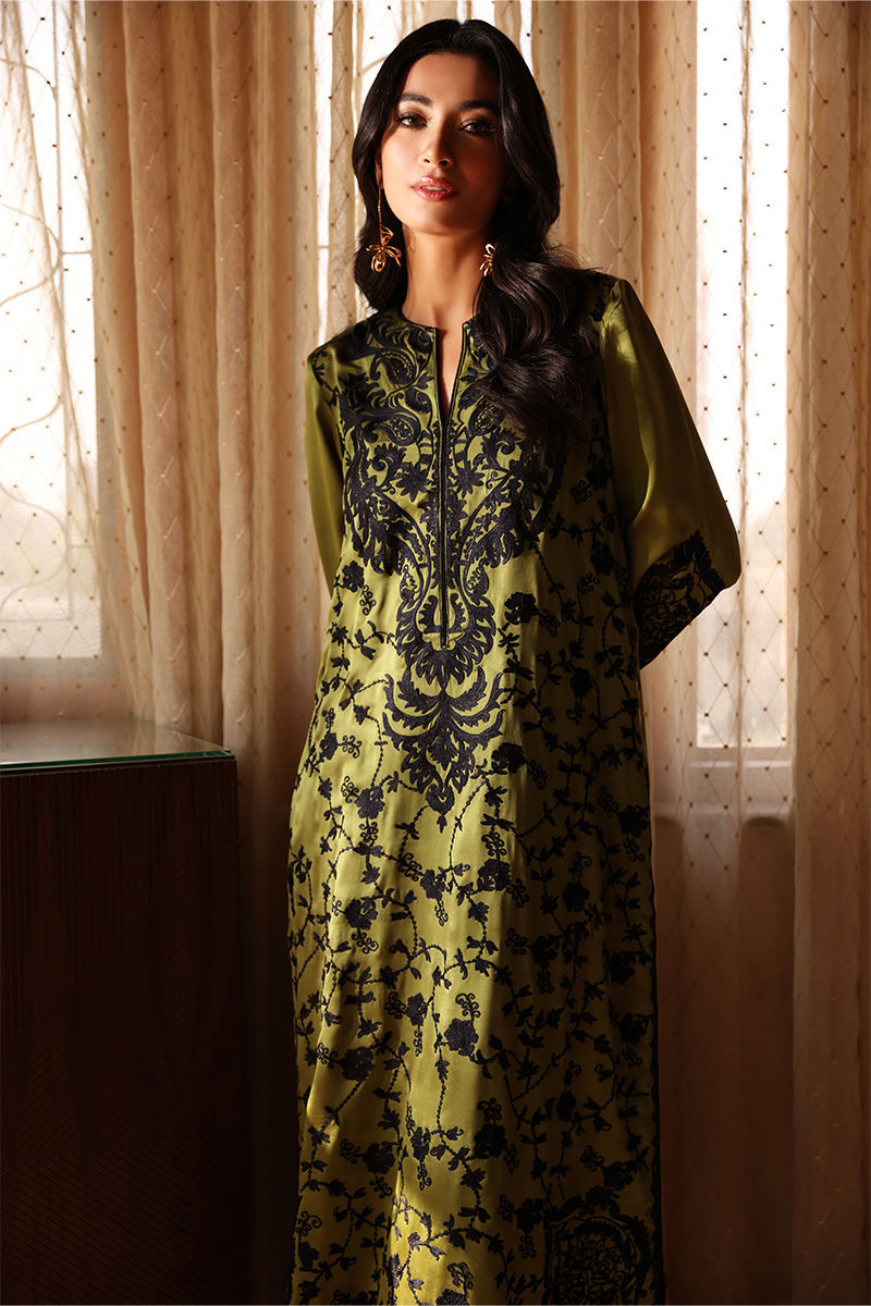 Mehndi Green Embroidered Silk Long Shirt (3-Piece) - Image 4