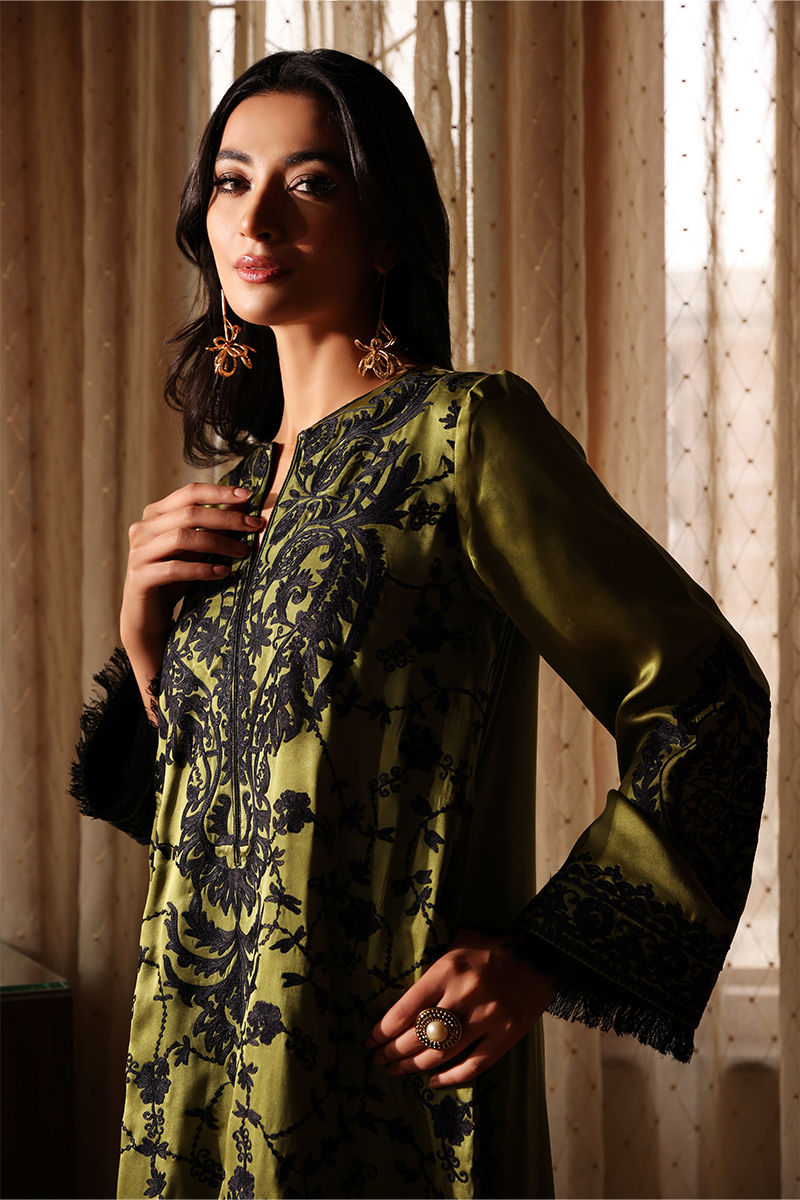 Mehndi Green Embroidered Silk Long Shirt (3-Piece) - Image 5