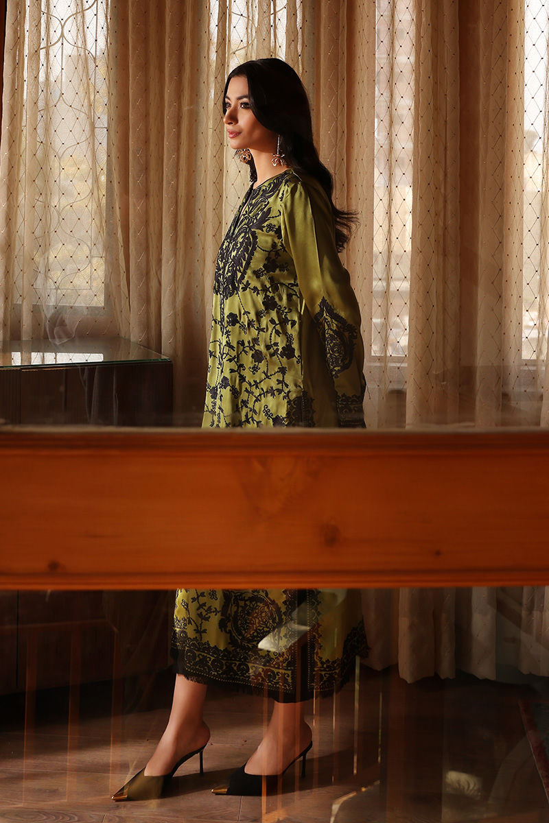 Mehndi Green Embroidered Silk Long Shirt (3-Piece) - Image 6