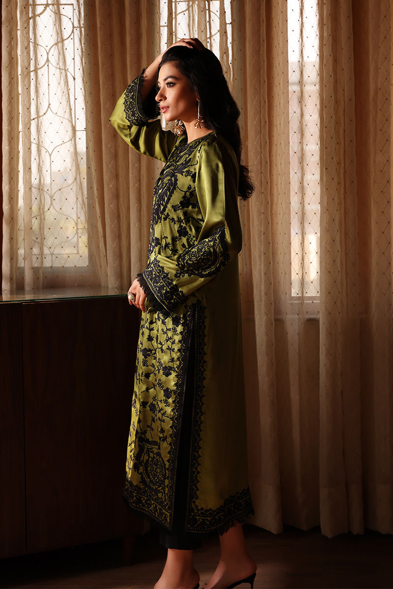 Mehndi Green Embroidered Silk Long Shirt (3-Piece) - Image 7