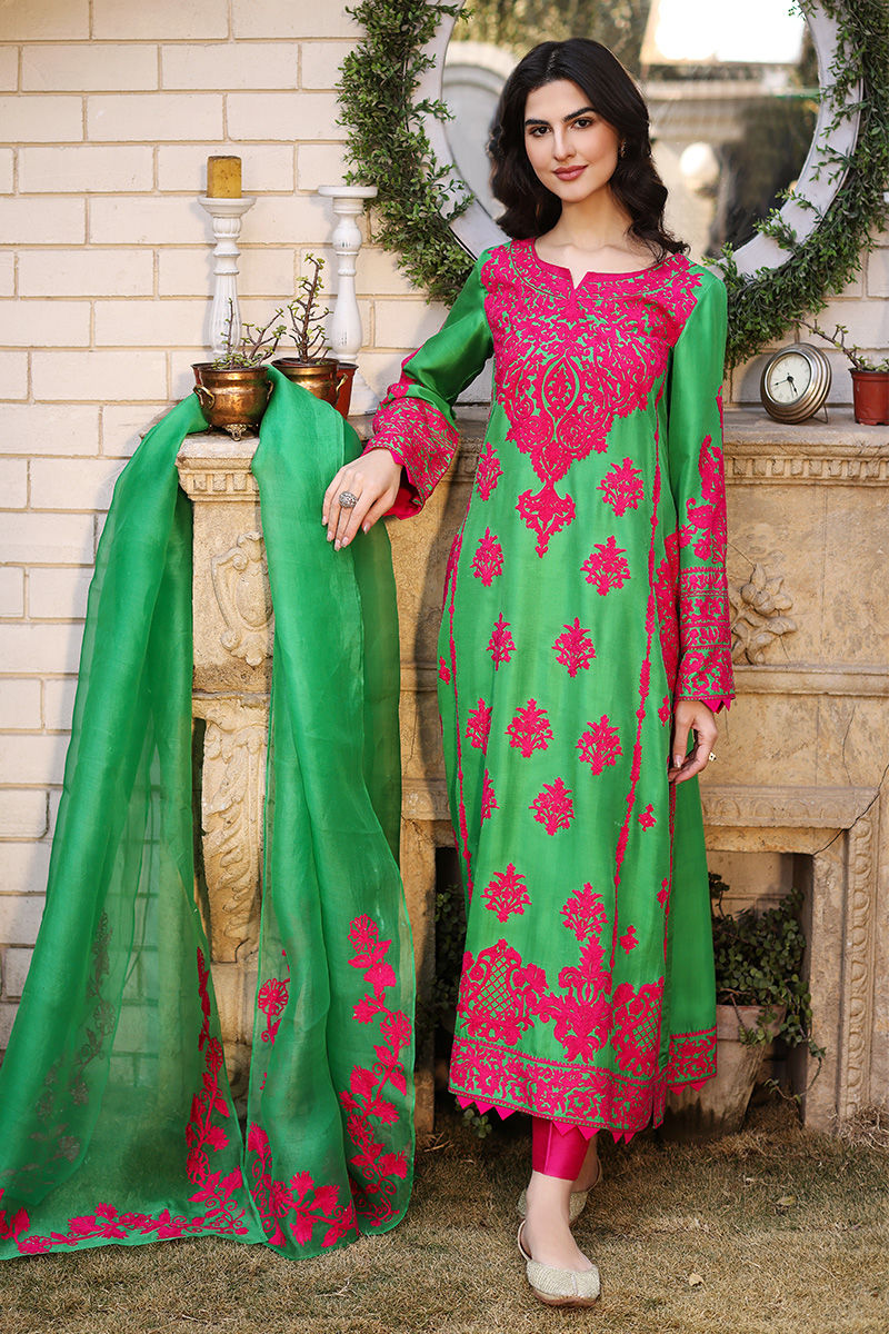 Green Embroidered Silk Salwar Kameez (3-Piece) - Image 1