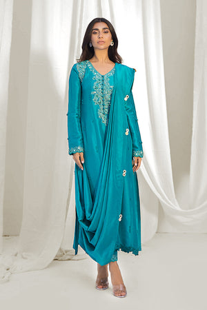 Sea Green Embroidered Silk Salwar Kameez (3-Piece) - Image 2