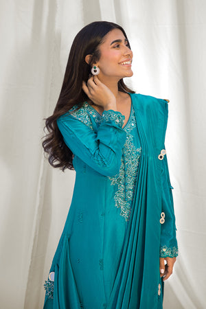 Sea Green Embroidered Silk Salwar Kameez (3-Piece) - Image 3