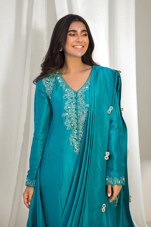 Sea Green Embroidered Silk Salwar Kameez (3-Piece) - Image 5