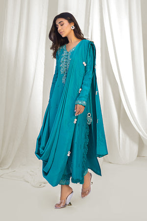 Sea Green Embroidered Silk Salwar Kameez (3-Piece) - Image 6