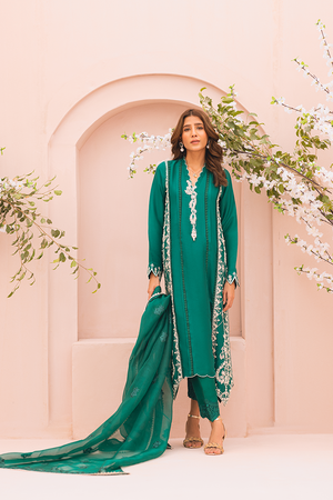 Pakistani Emerald Green Embroidered Silk Salwar Kameez (3-Piece) - Image 2