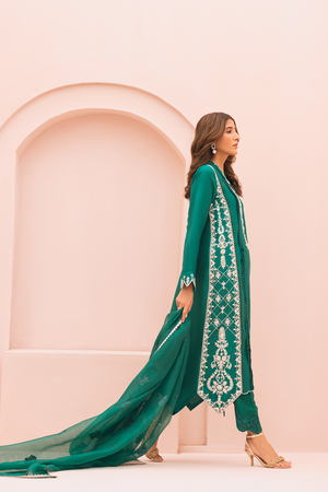 Pakistani Emerald Green Embroidered Silk Salwar Kameez (3-Piece) - Image 3