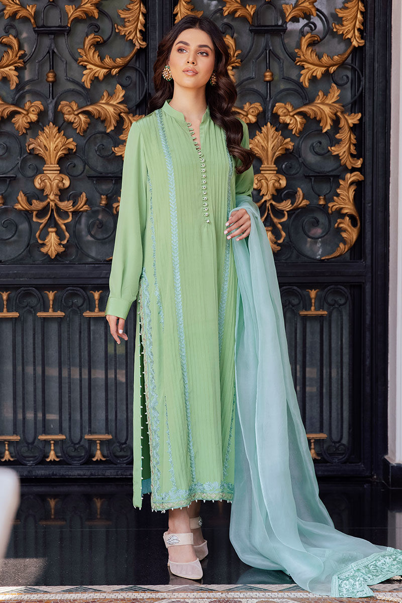 Pakistani Light Green Embroidered Pleated Silk Salwar Kameez (3-Piece) - Image 2