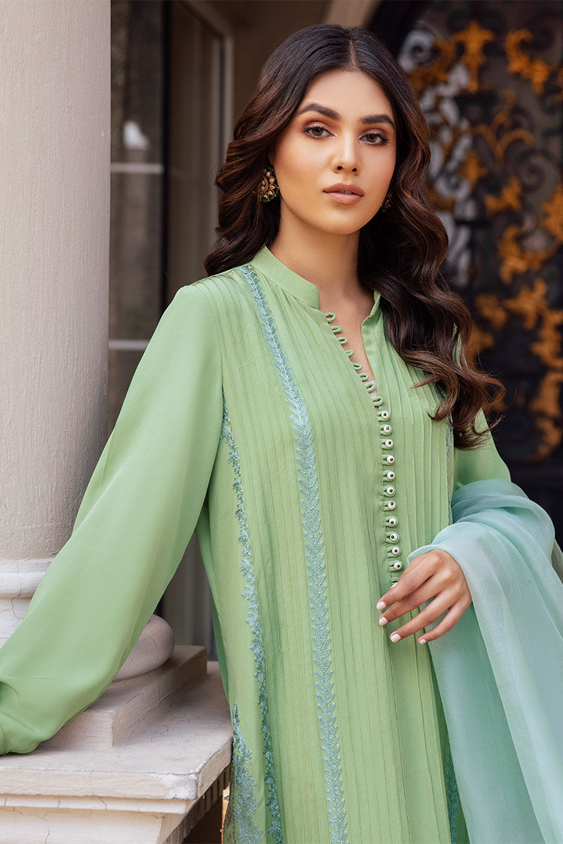 Pakistani Light Green Embroidered Pleated Silk Salwar Kameez (3-Piece) - Image 4
