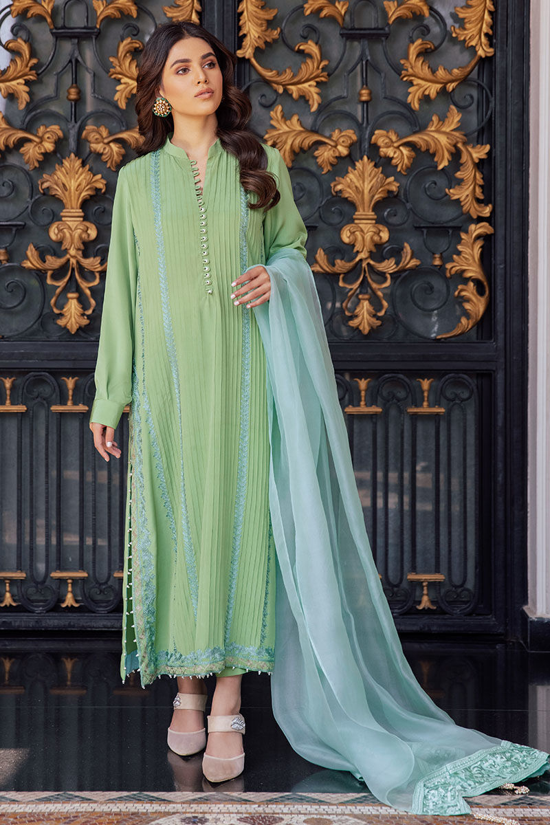 Pakistani Light Green Embroidered Pleated Silk Salwar Kameez (3-Piece) - Image 5