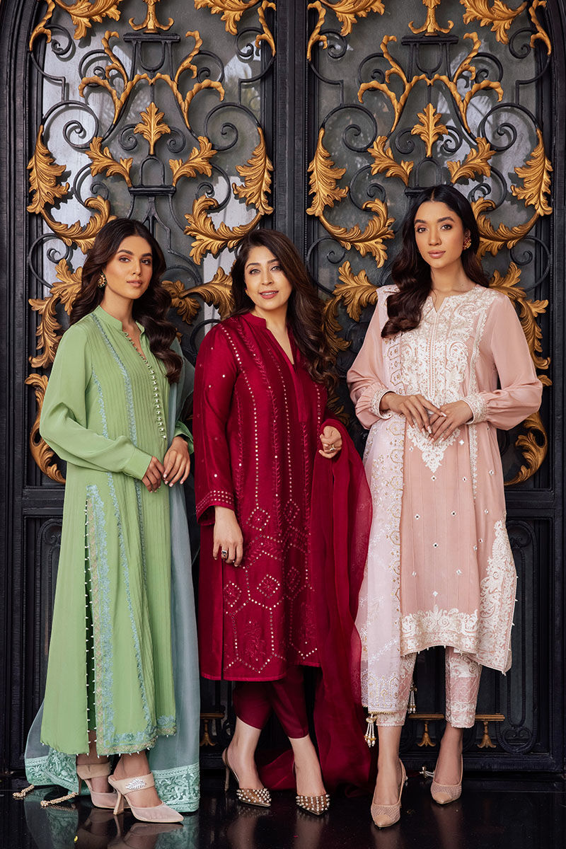 Pakistani Light Green Embroidered Pleated Silk Salwar Kameez (3-Piece) - Image 6