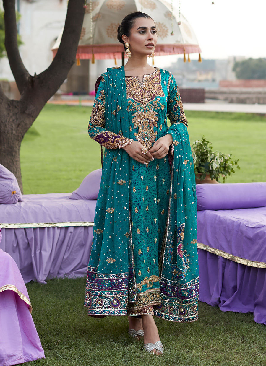 Deep Sea Green Zardozi Pure Silk Salwar Kameez (3-Piece) - Image 1
