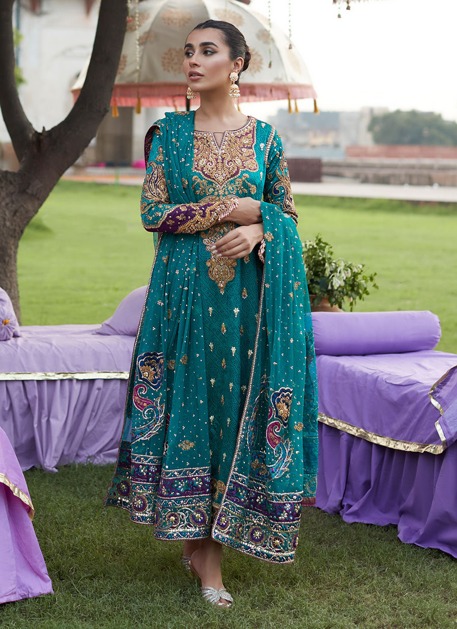 Deep Sea Green Zardozi Pure Silk Salwar Kameez (3-Piece) - Image 2