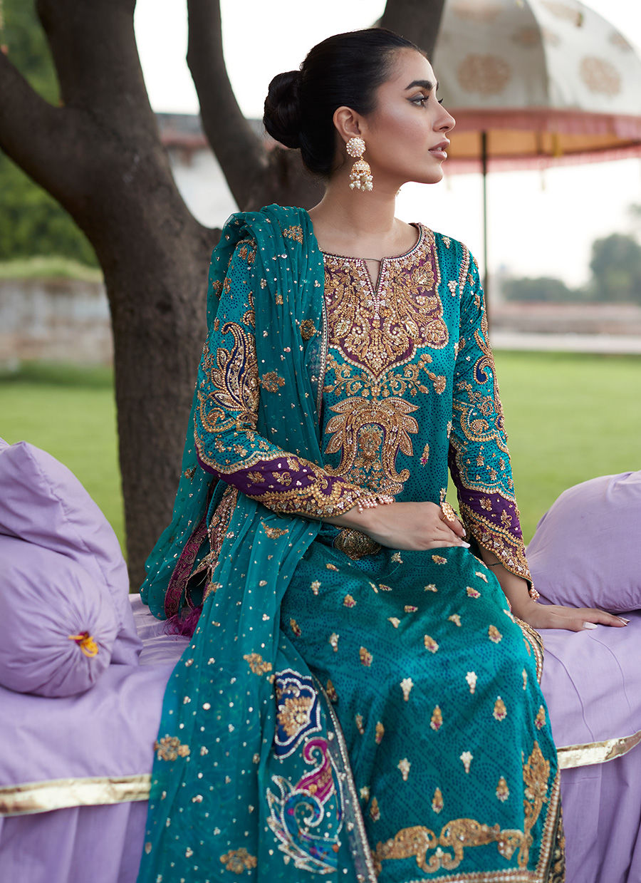 Deep Sea Green Zardozi Pure Silk Salwar Kameez (3-Piece) - Image 3