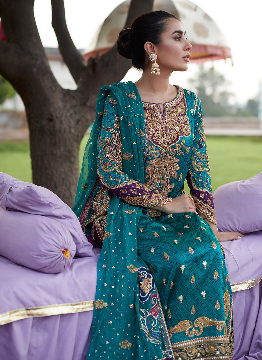 Deep Sea Green Zardozi Pure Silk Salwar Kameez (3-Piece) - Image 4