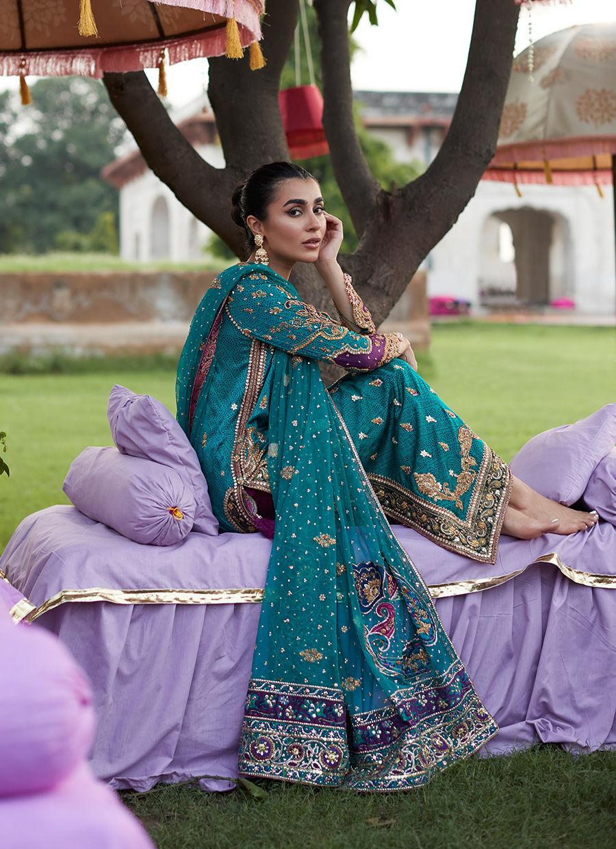 Deep Sea Green Zardozi Pure Silk Salwar Kameez (3-Piece) - Image 6