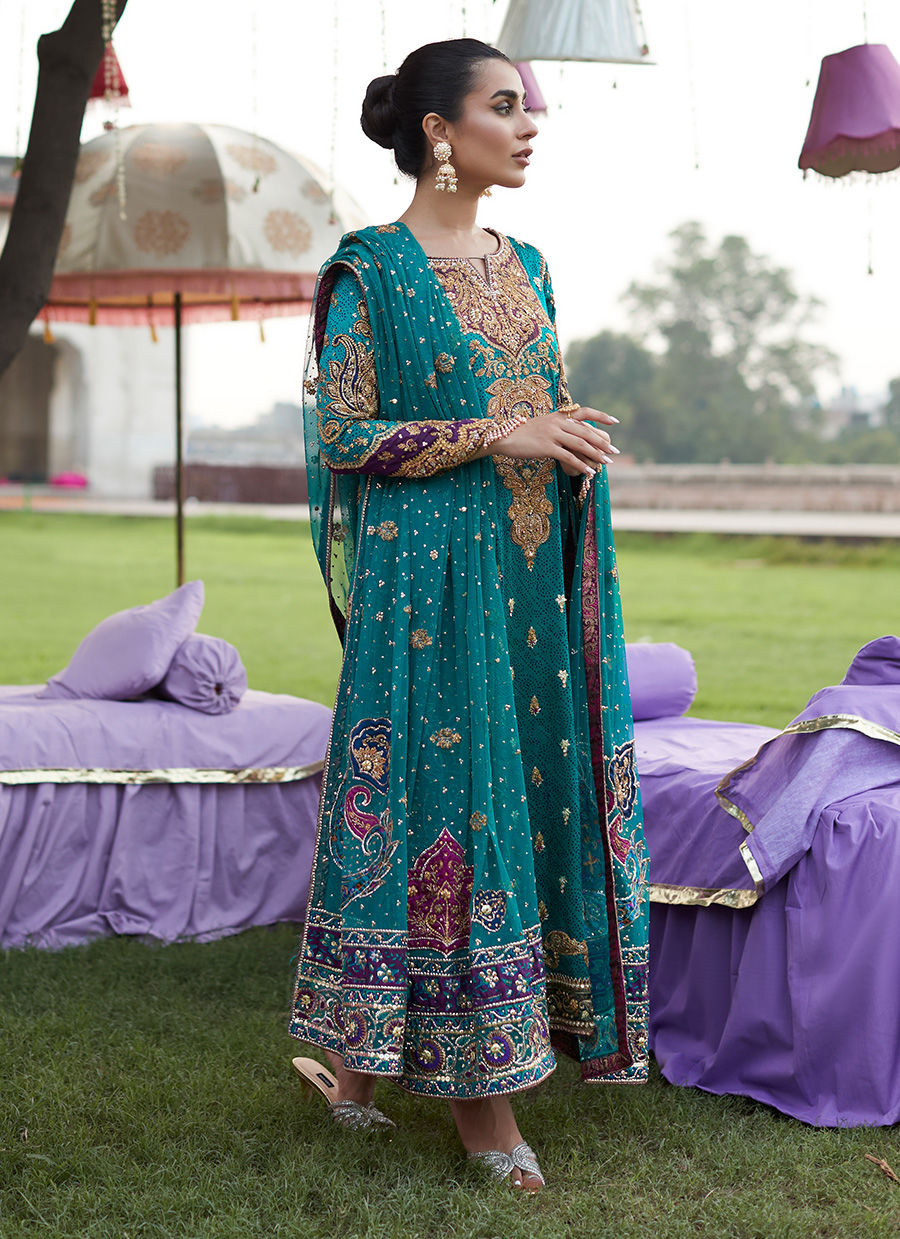 Deep Sea Green Zardozi Pure Silk Salwar Kameez (3-Piece) - Image 7