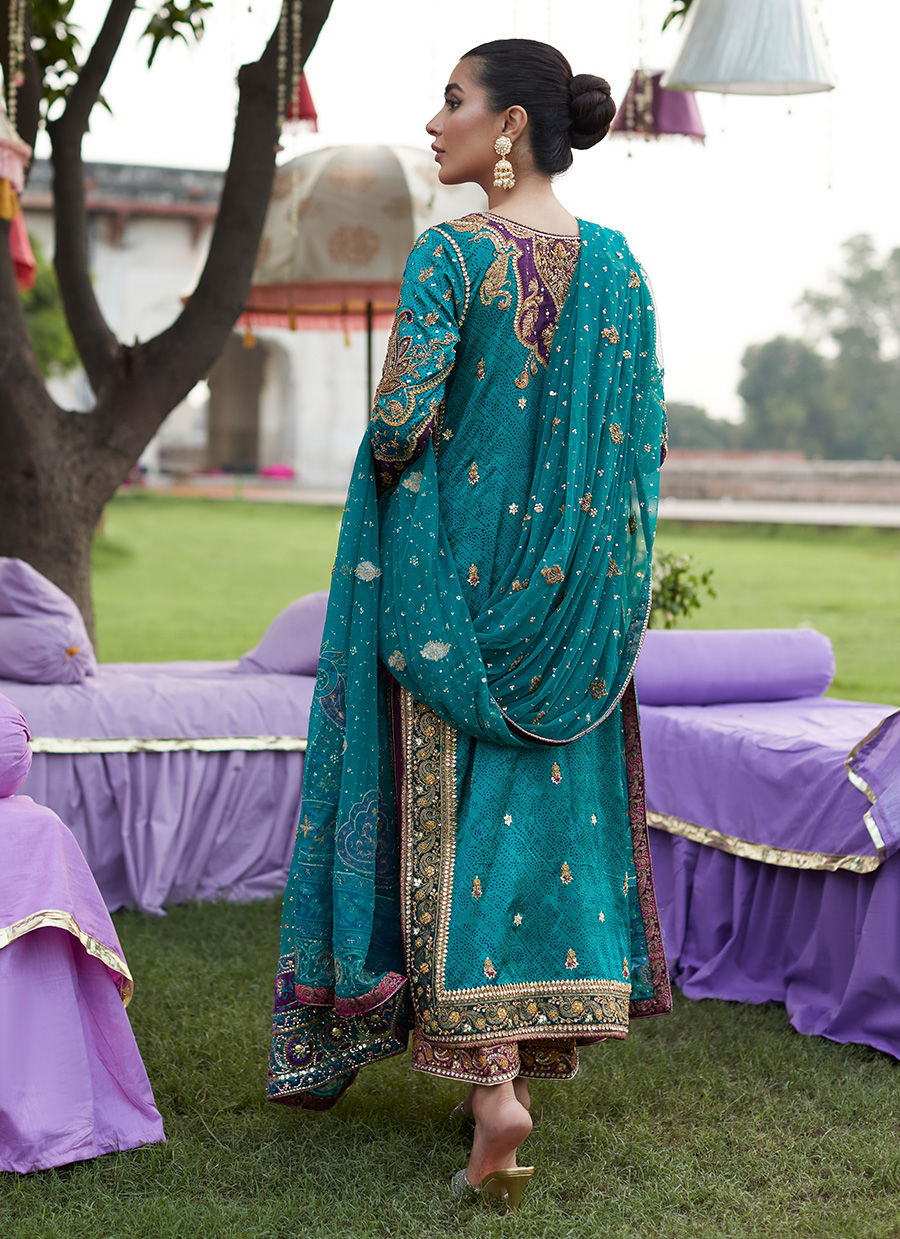 Deep Sea Green Zardozi Pure Silk Salwar Kameez (3-Piece) - Image 9