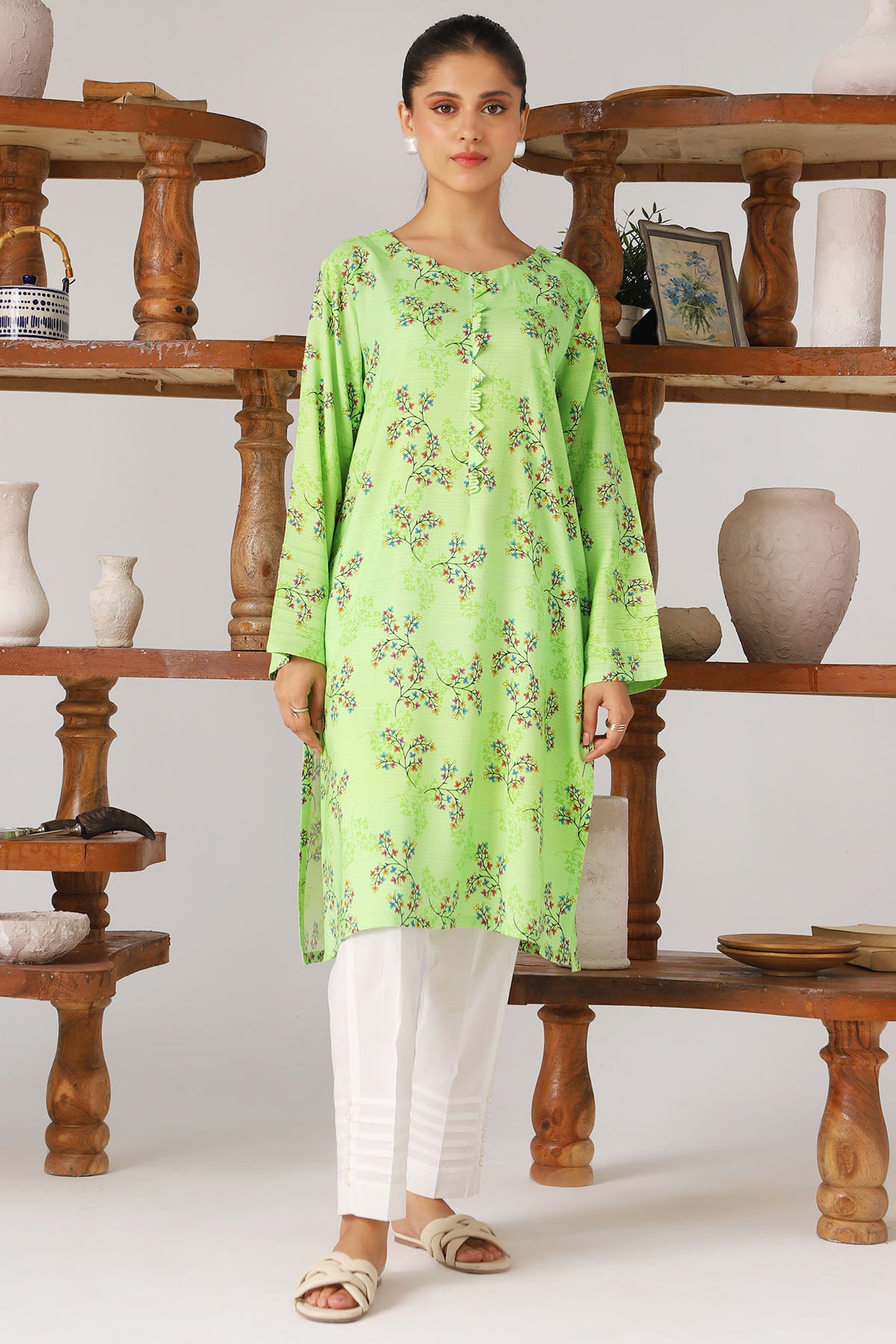 Pakistani Lime Green Digital Printed Slub Linen Shirt (1-Pc) - Image 1