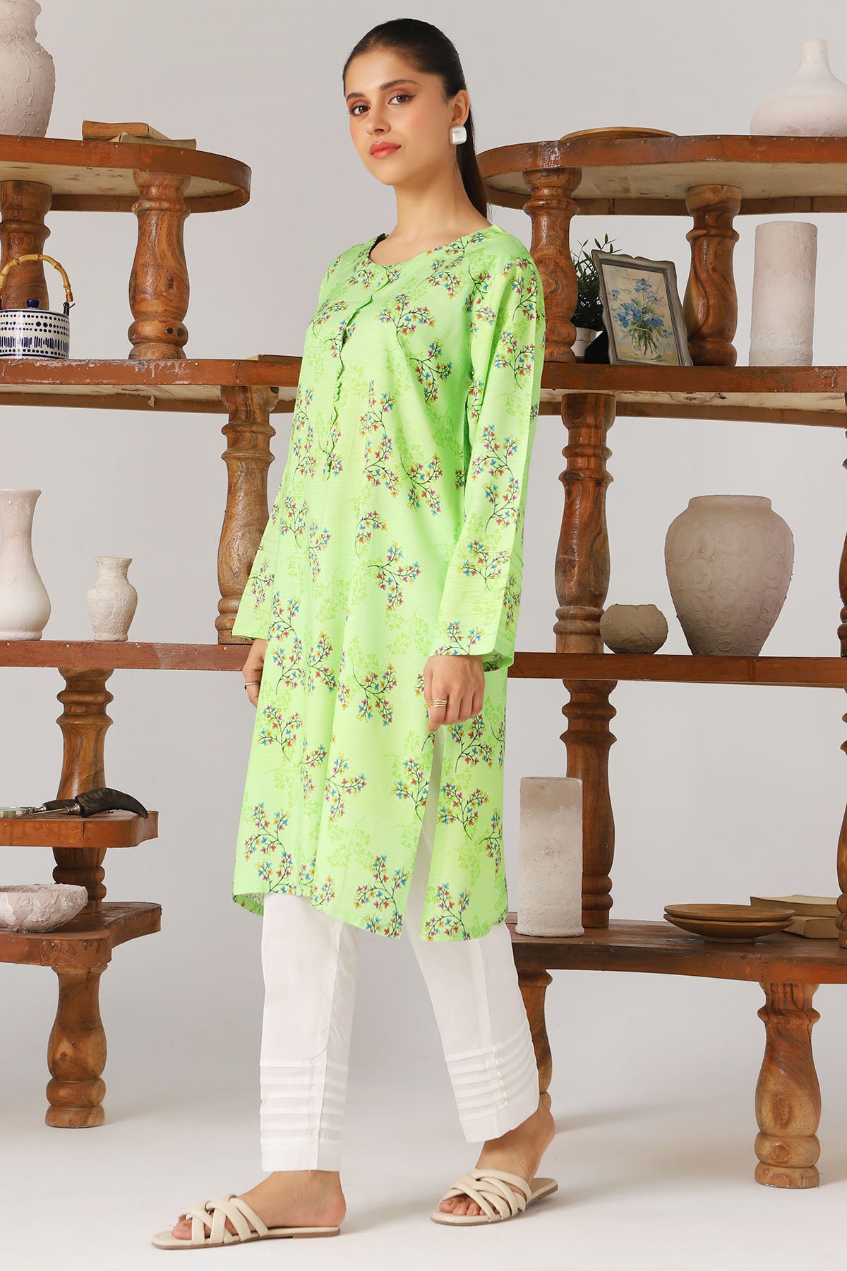 Pakistani Lime Green Digital Printed Slub Linen Shirt (1-Pc) - Image 2
