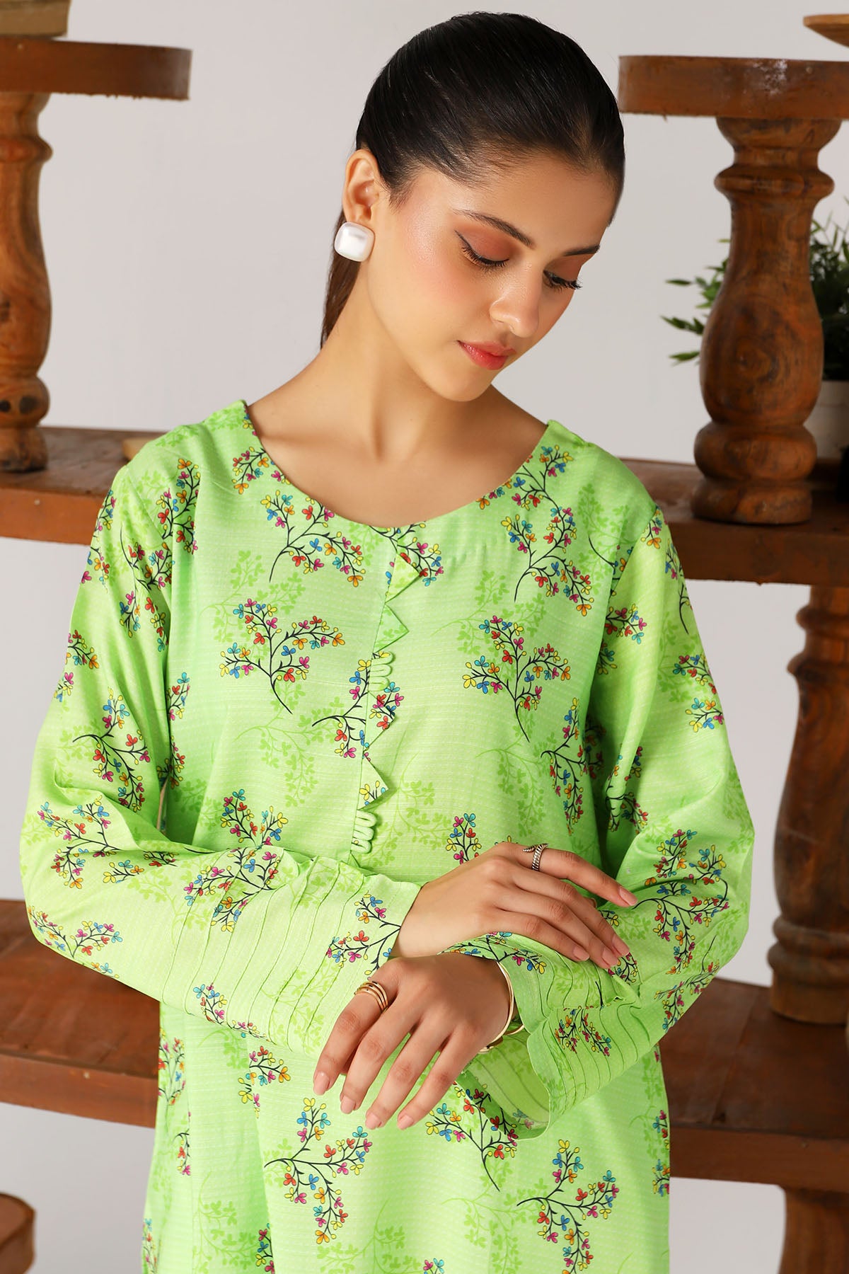 Pakistani Lime Green Digital Printed Slub Linen Shirt (1-Pc) - Image 3