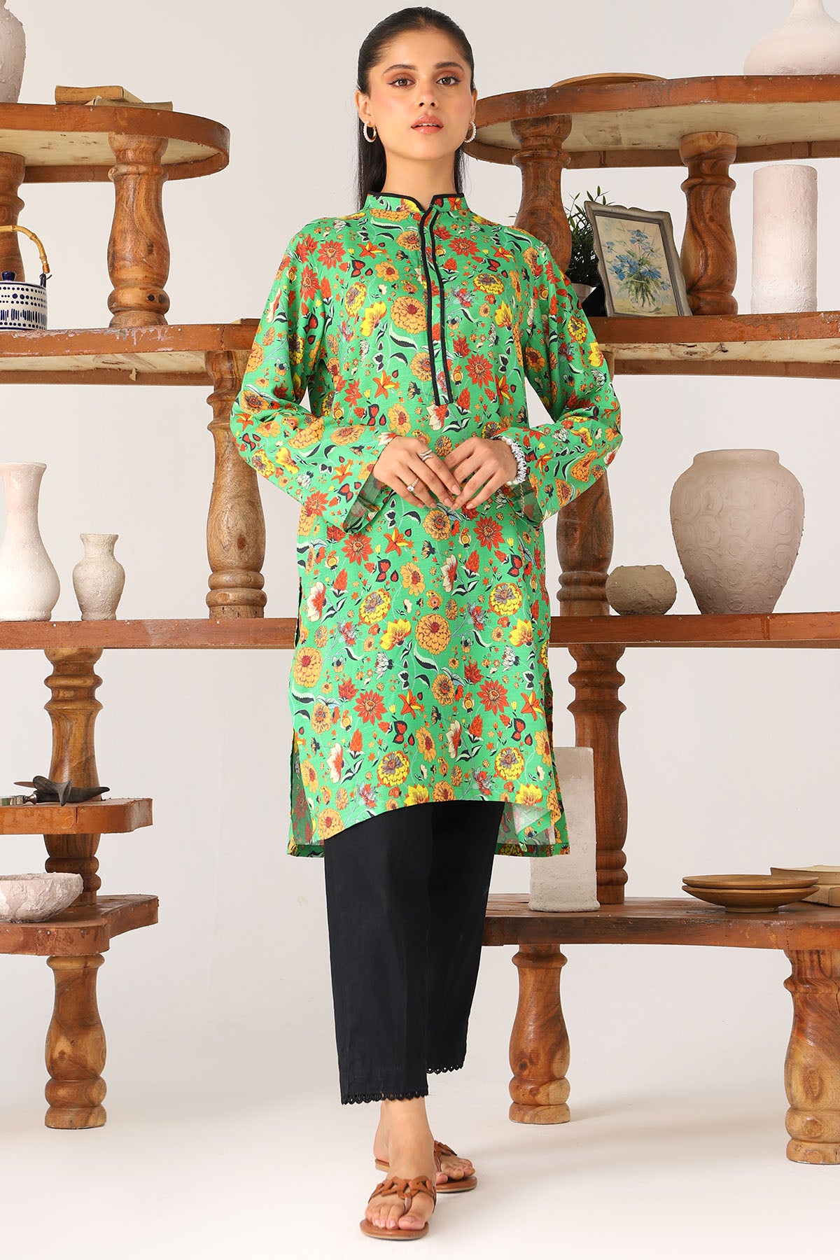 Green Digital Printed Slub Linen Shirt (1-Pc) - Image 1