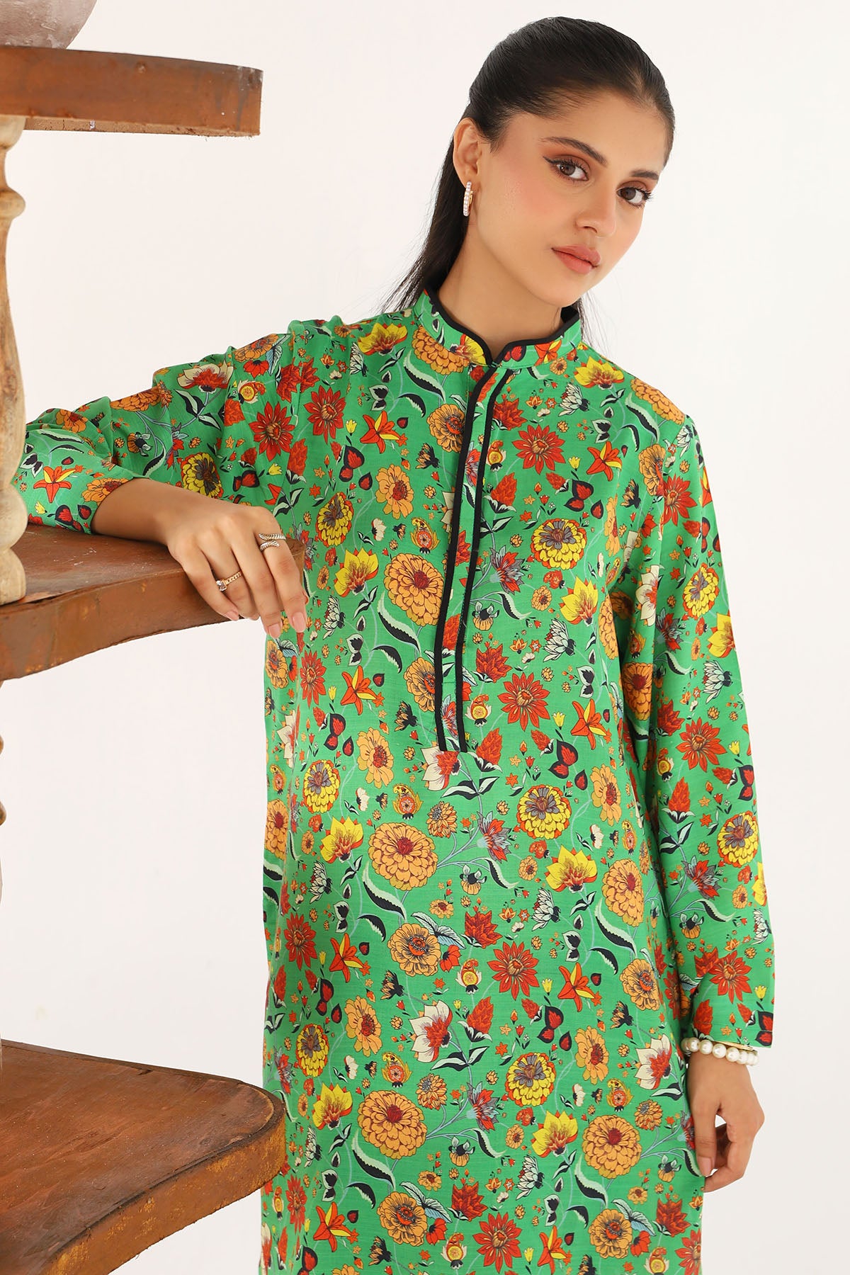 Green Digital Printed Slub Linen Shirt (1-Pc) - Image 3