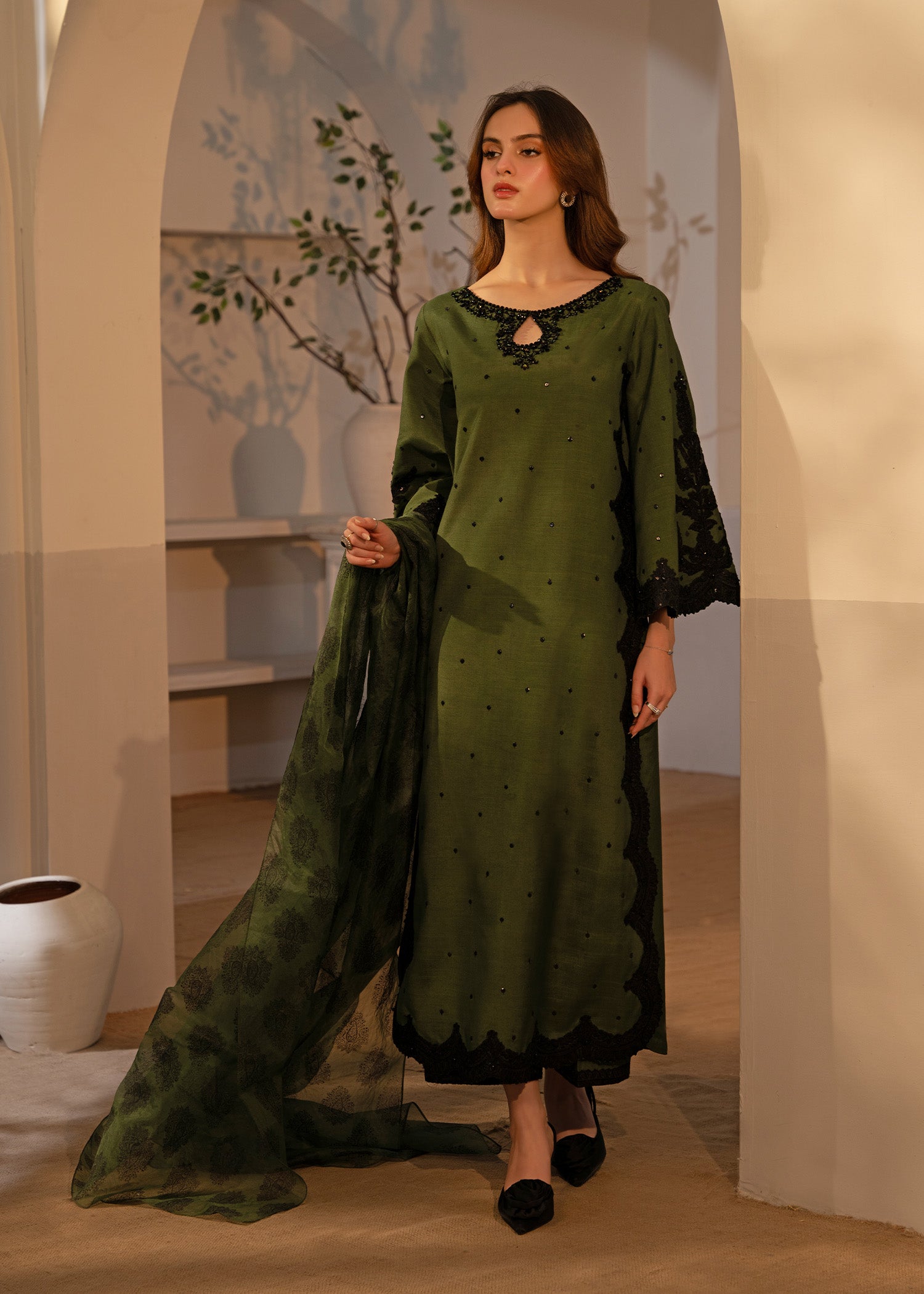 Olive Green Embellished Thai Silk Salwar Kameez (3-Piece) - Image 1