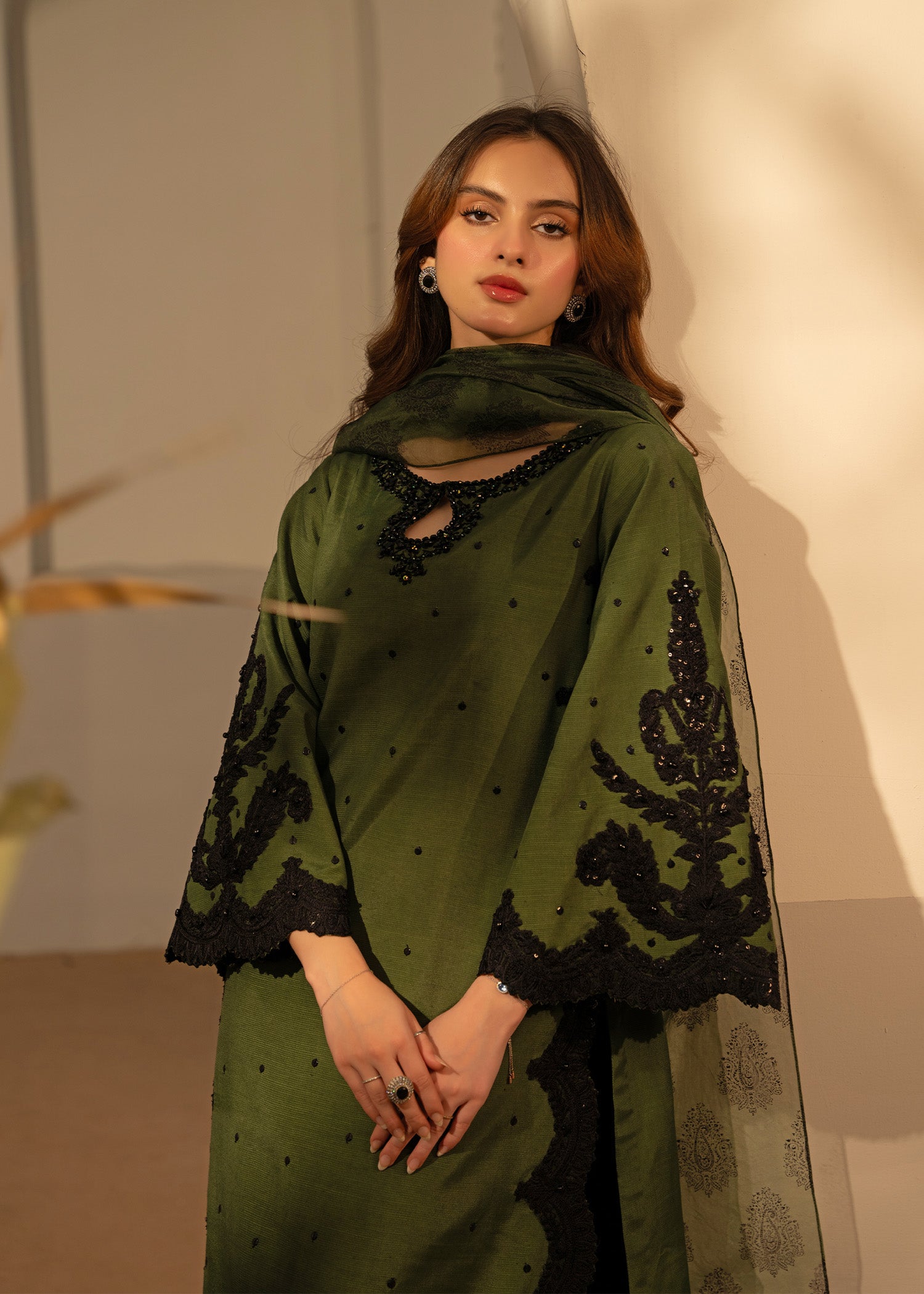 Olive Green Embellished Thai Silk Salwar Kameez (3-Piece) - Image 2