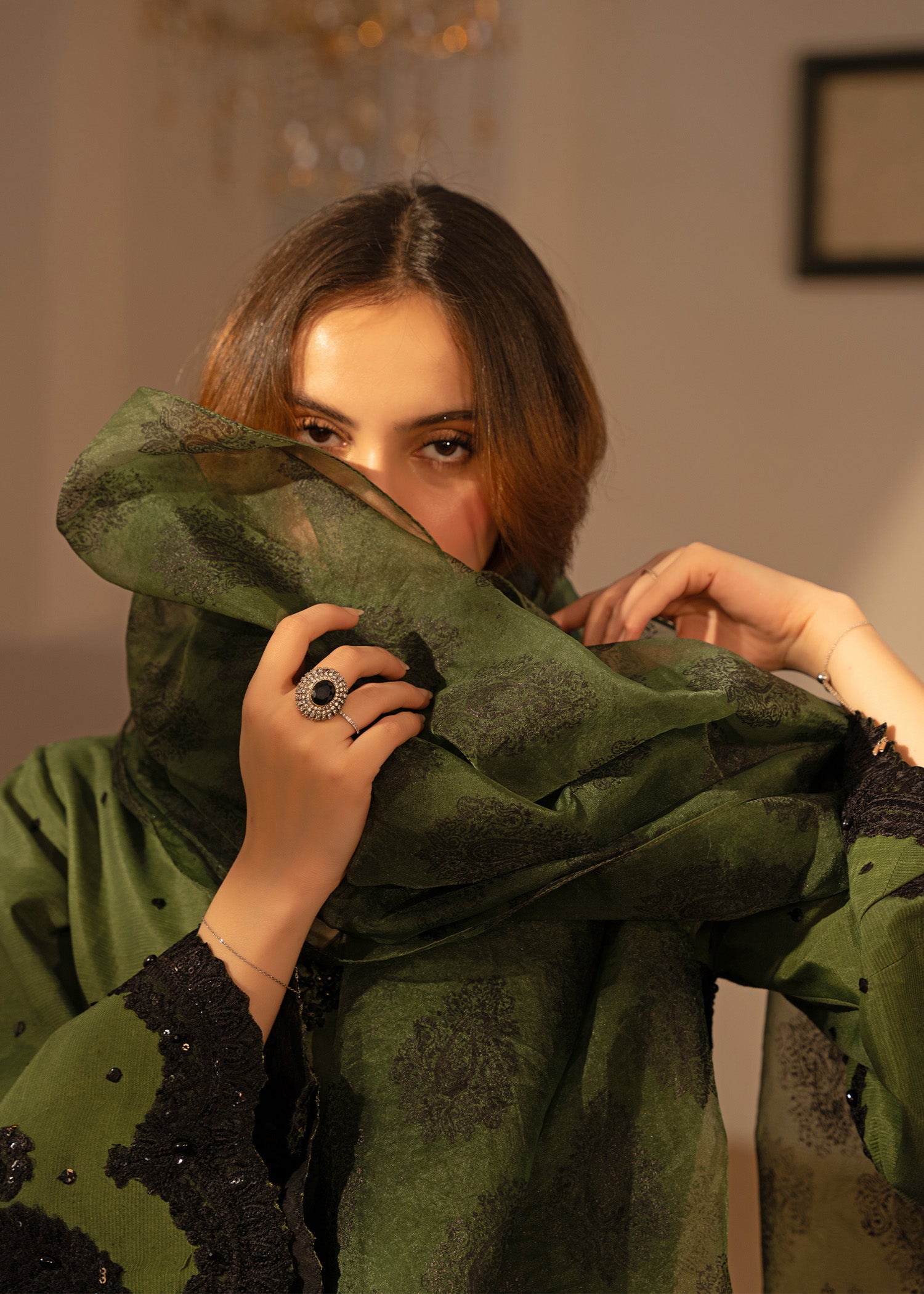 Olive Green Embellished Thai Silk Salwar Kameez (3-Piece) - Image 3