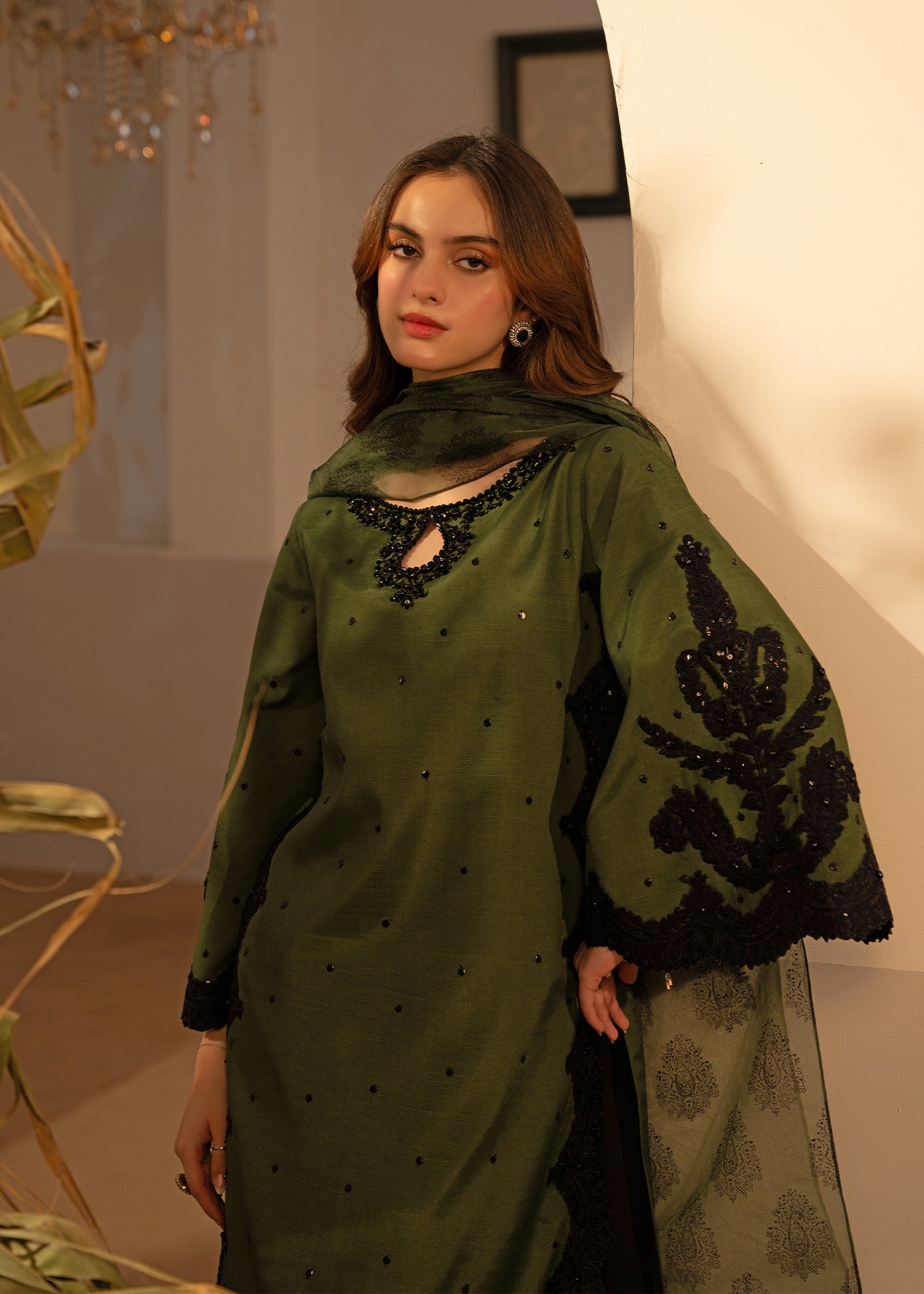 Olive Green Embellished Thai Silk Salwar Kameez (3-Piece) - Image 4