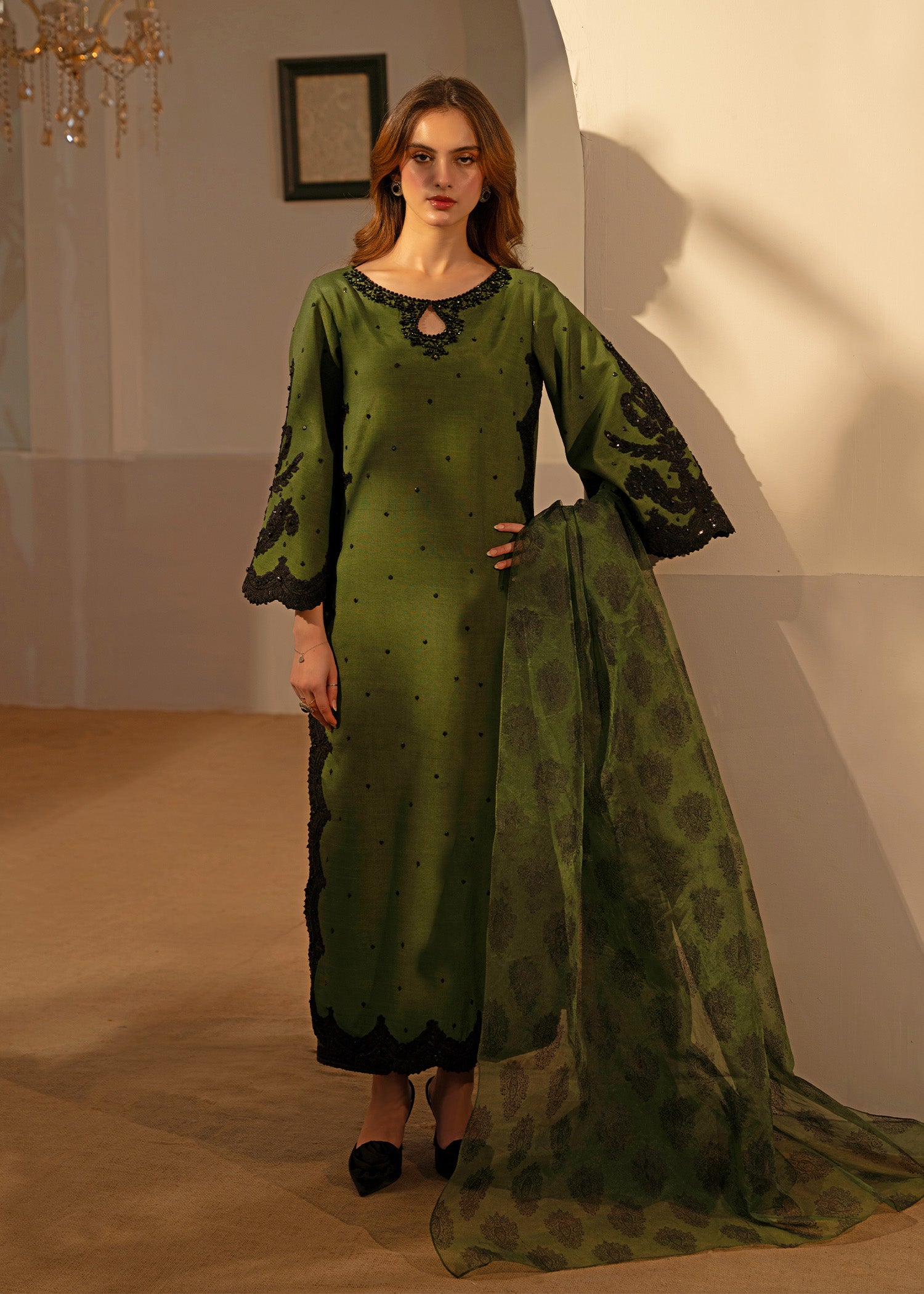 Olive Green Embellished Thai Silk Salwar Kameez (3-Piece) - Image 5