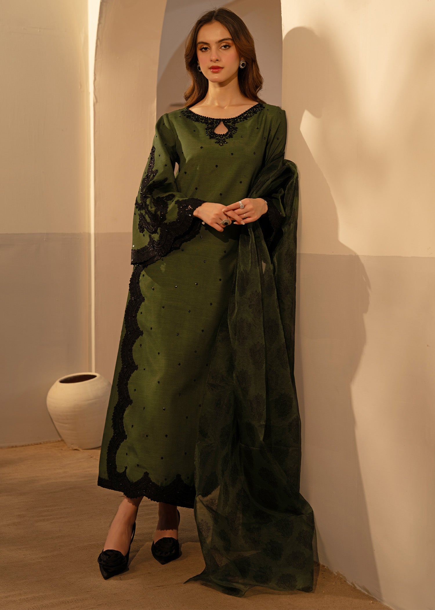 Olive Green Embellished Thai Silk Salwar Kameez (3-Piece) - Image 6