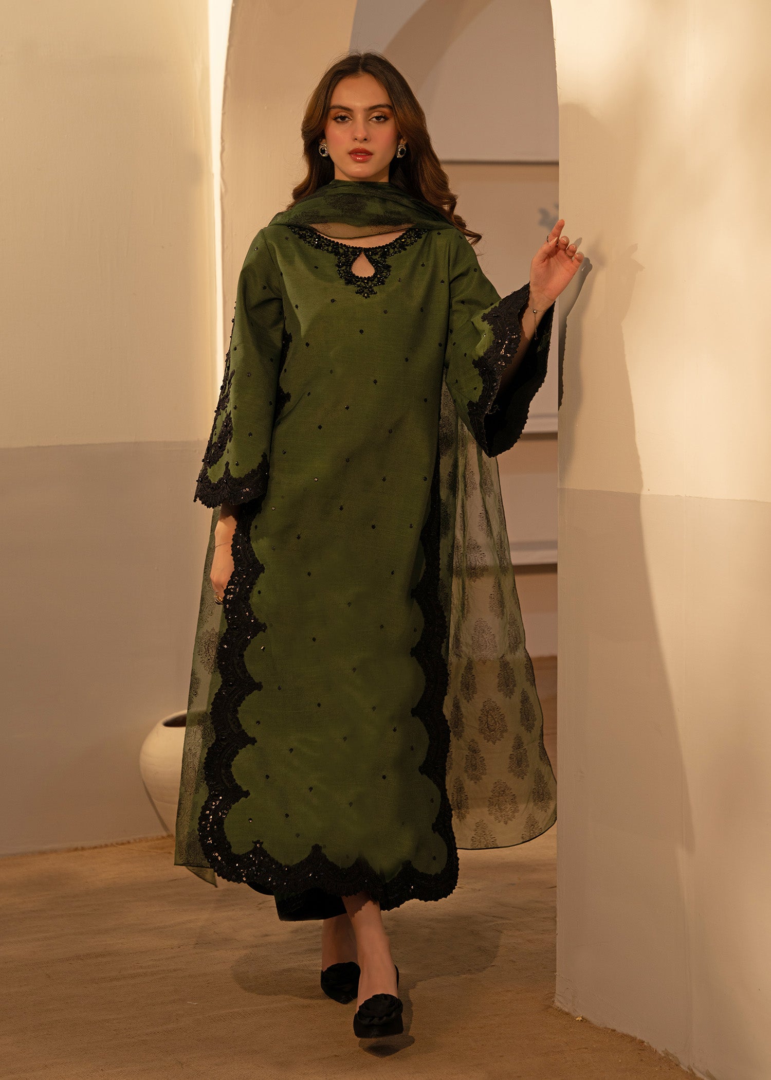 Olive Green Embellished Thai Silk Salwar Kameez (3-Piece) - Image 7