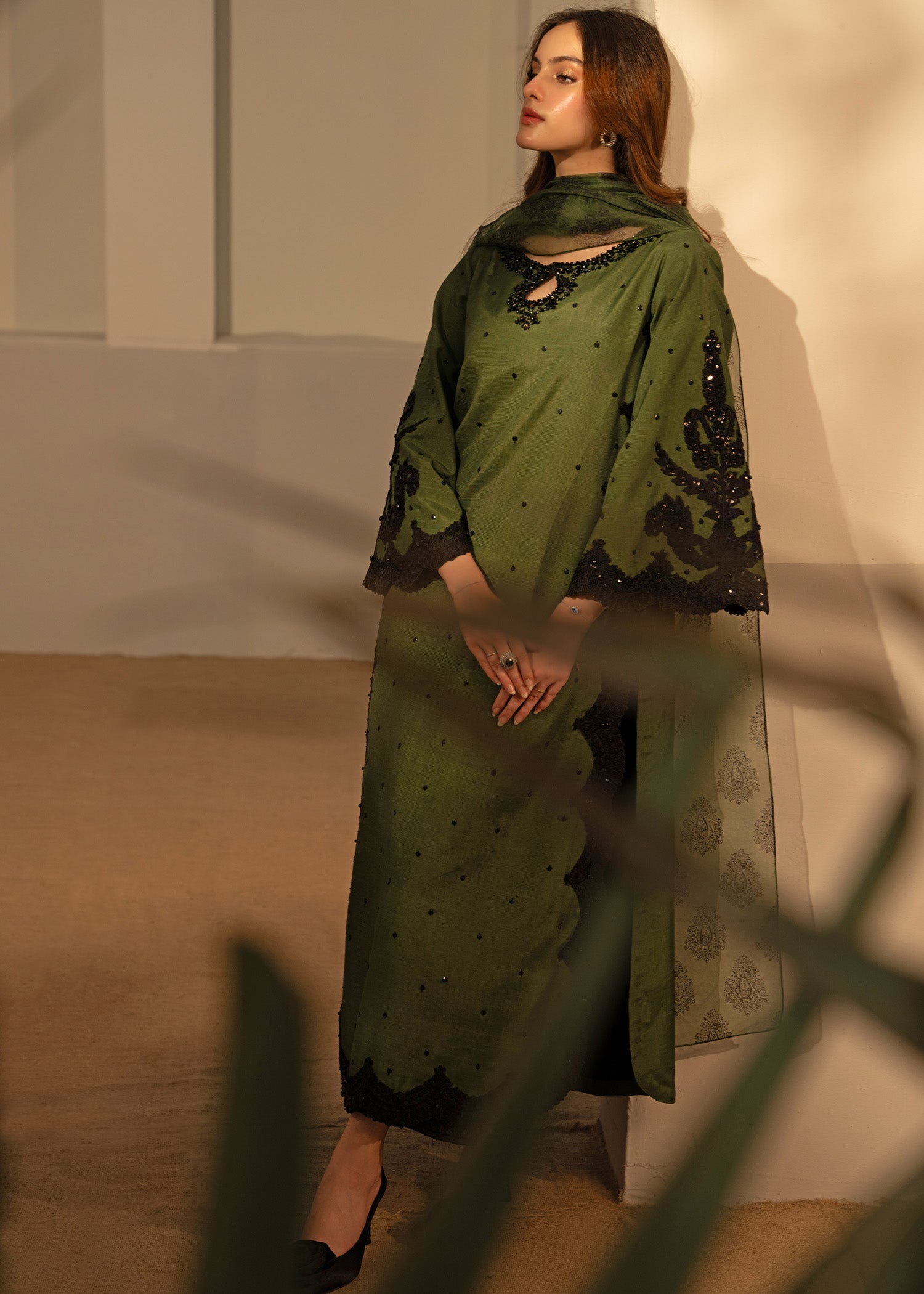 Olive Green Embellished Thai Silk Salwar Kameez (3-Piece) - Image 8