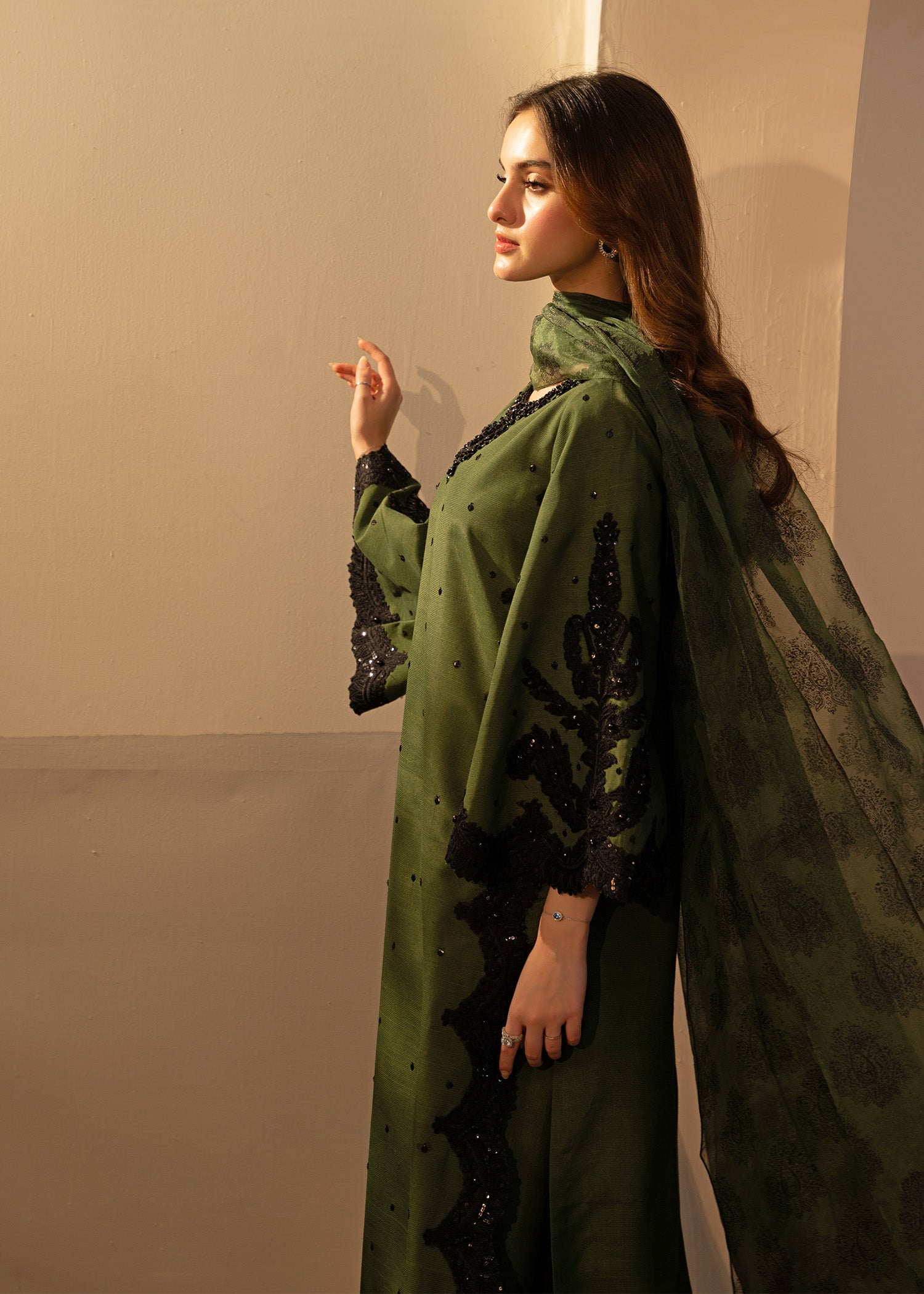 Olive Green Embellished Thai Silk Salwar Kameez (3-Piece) - Image 9