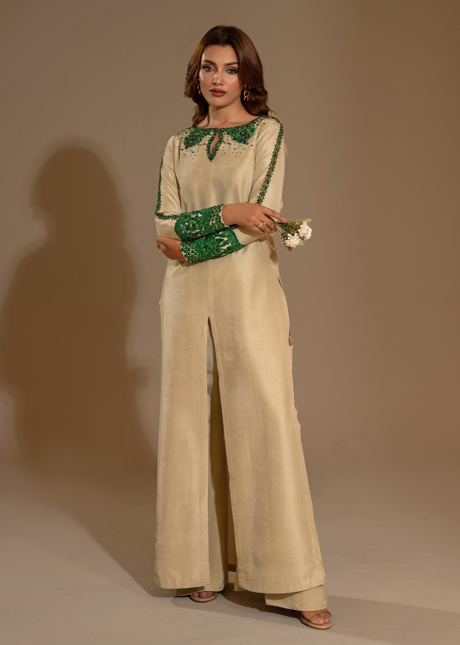 Pakistani Light Pistachio Embroidered Thai Silk Salwar Kameez (3-Piece) - Image 1