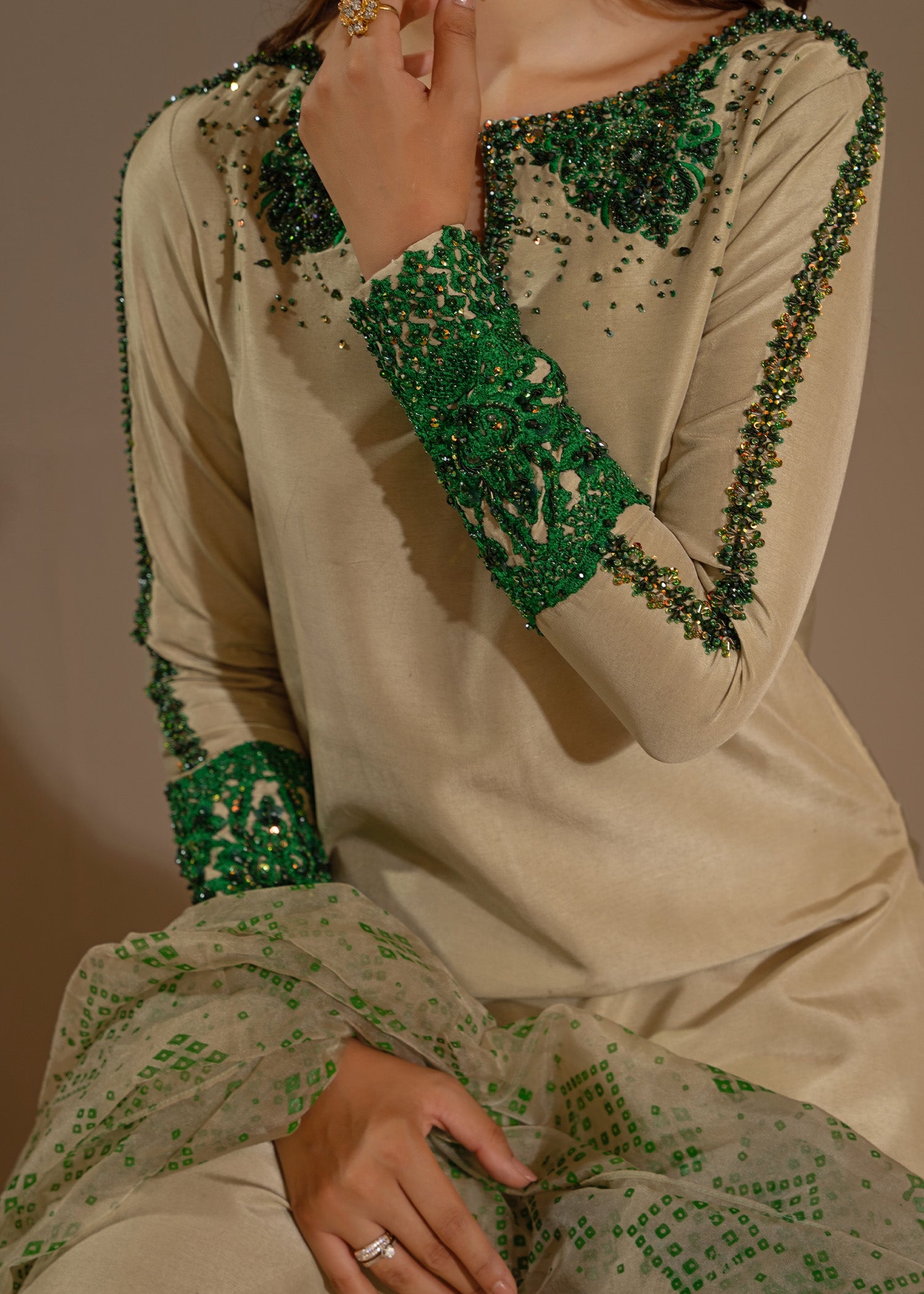 Pakistani Light Pistachio Embroidered Thai Silk Salwar Kameez (3-Piece) - Image 3