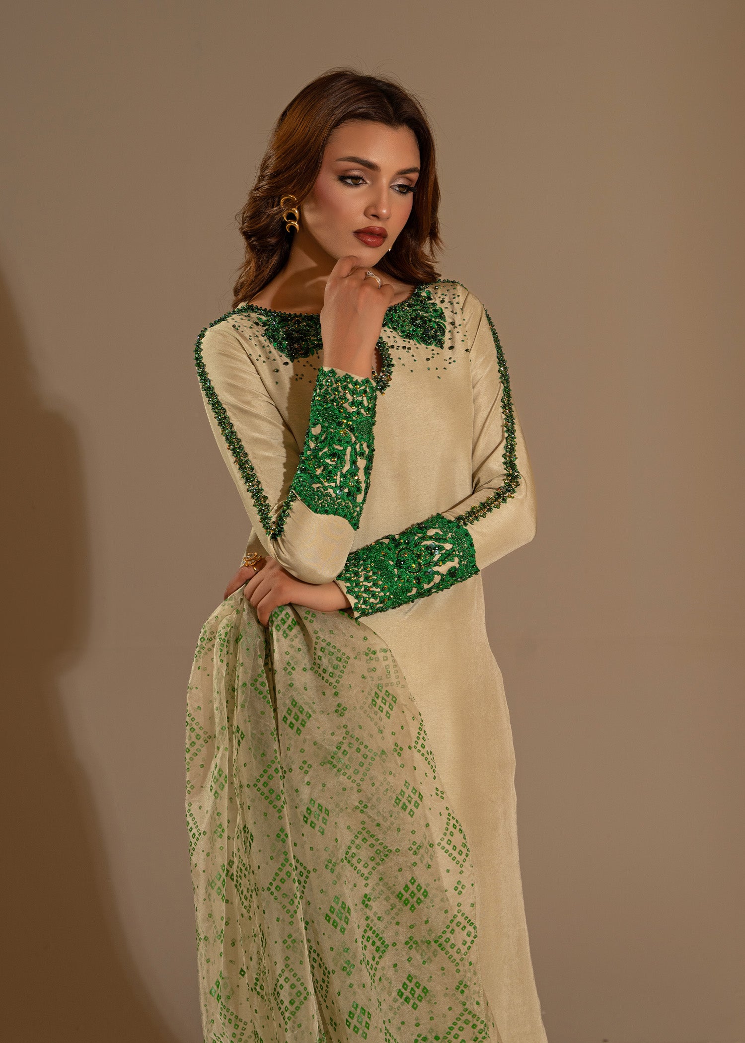 Pakistani Light Pistachio Embroidered Thai Silk Salwar Kameez (3-Piece) - Image 4