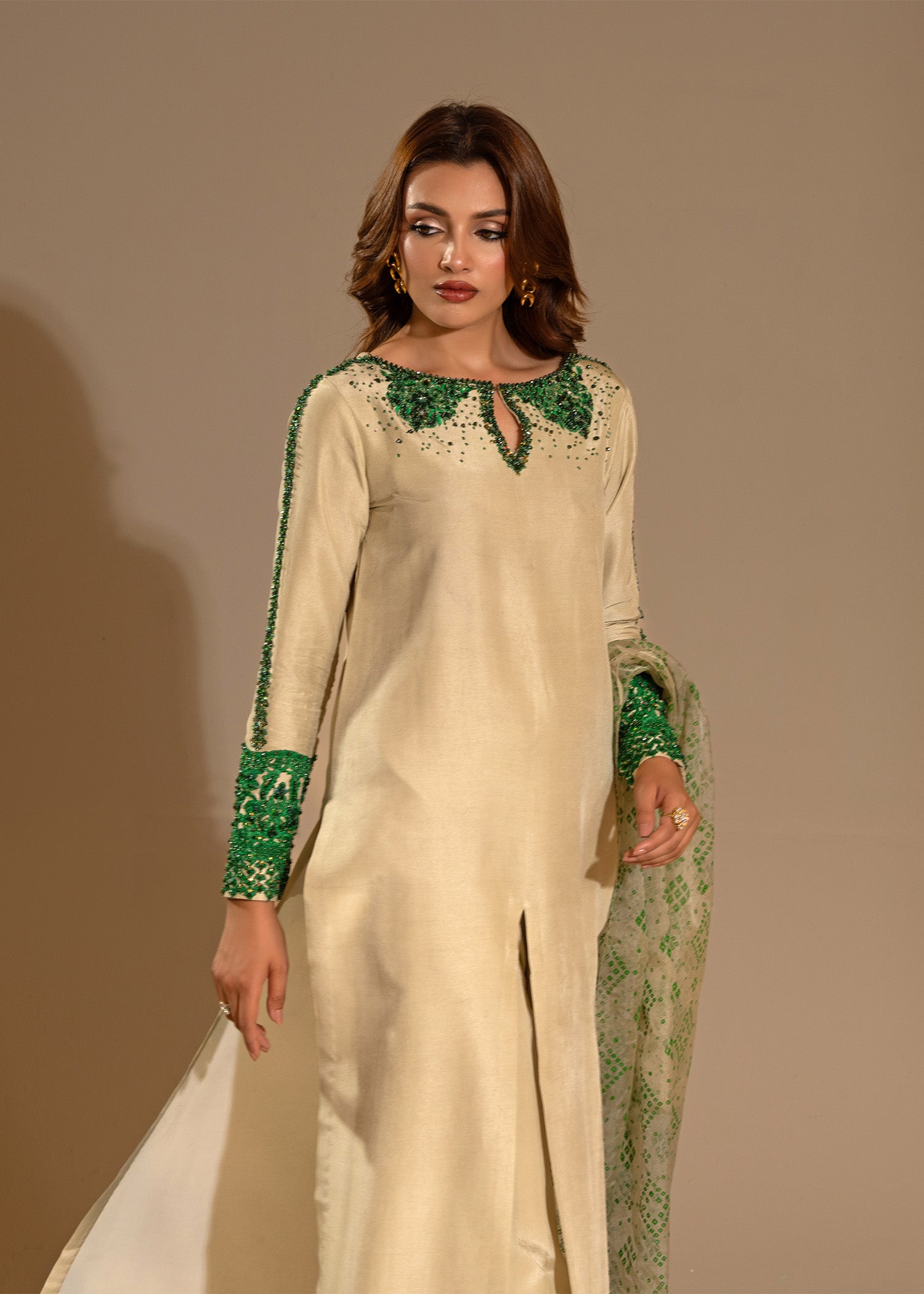 Pakistani Light Pistachio Embroidered Thai Silk Salwar Kameez (3-Piece) - Image 5