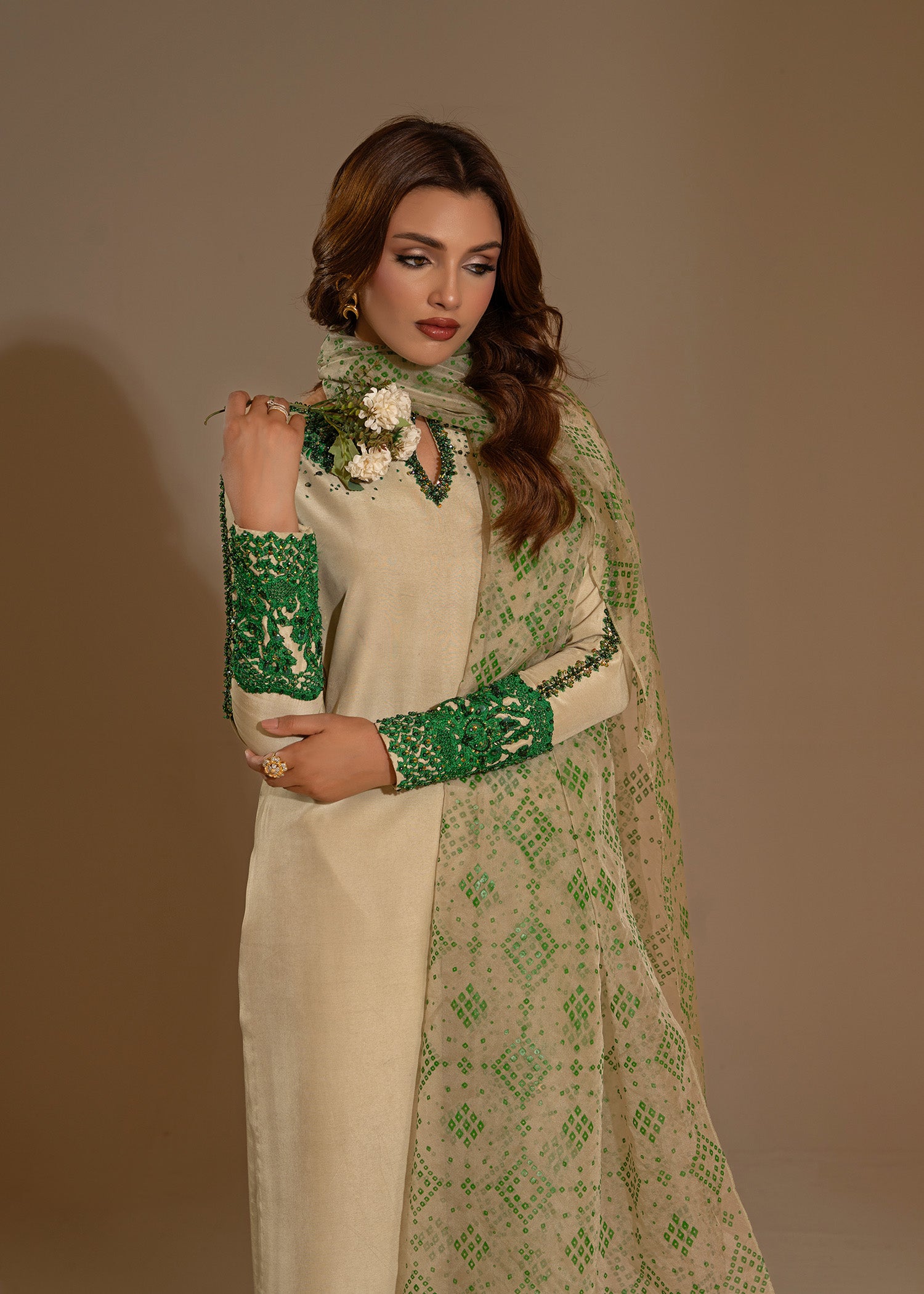 Pakistani Light Pistachio Embroidered Thai Silk Salwar Kameez (3-Piece) - Image 6