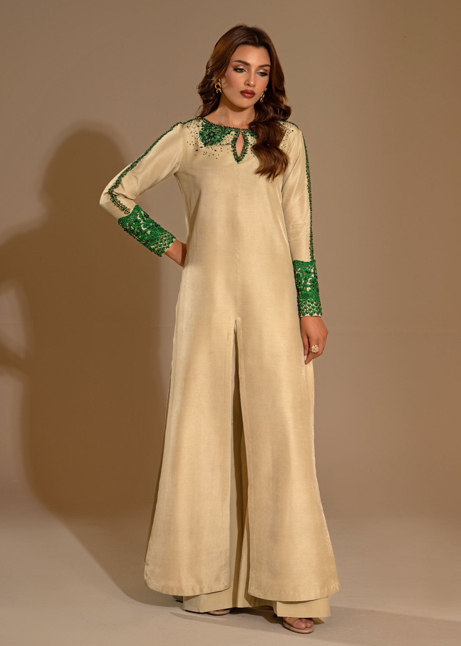 Pakistani Light Pistachio Embroidered Thai Silk Salwar Kameez (3-Piece) - Image 7