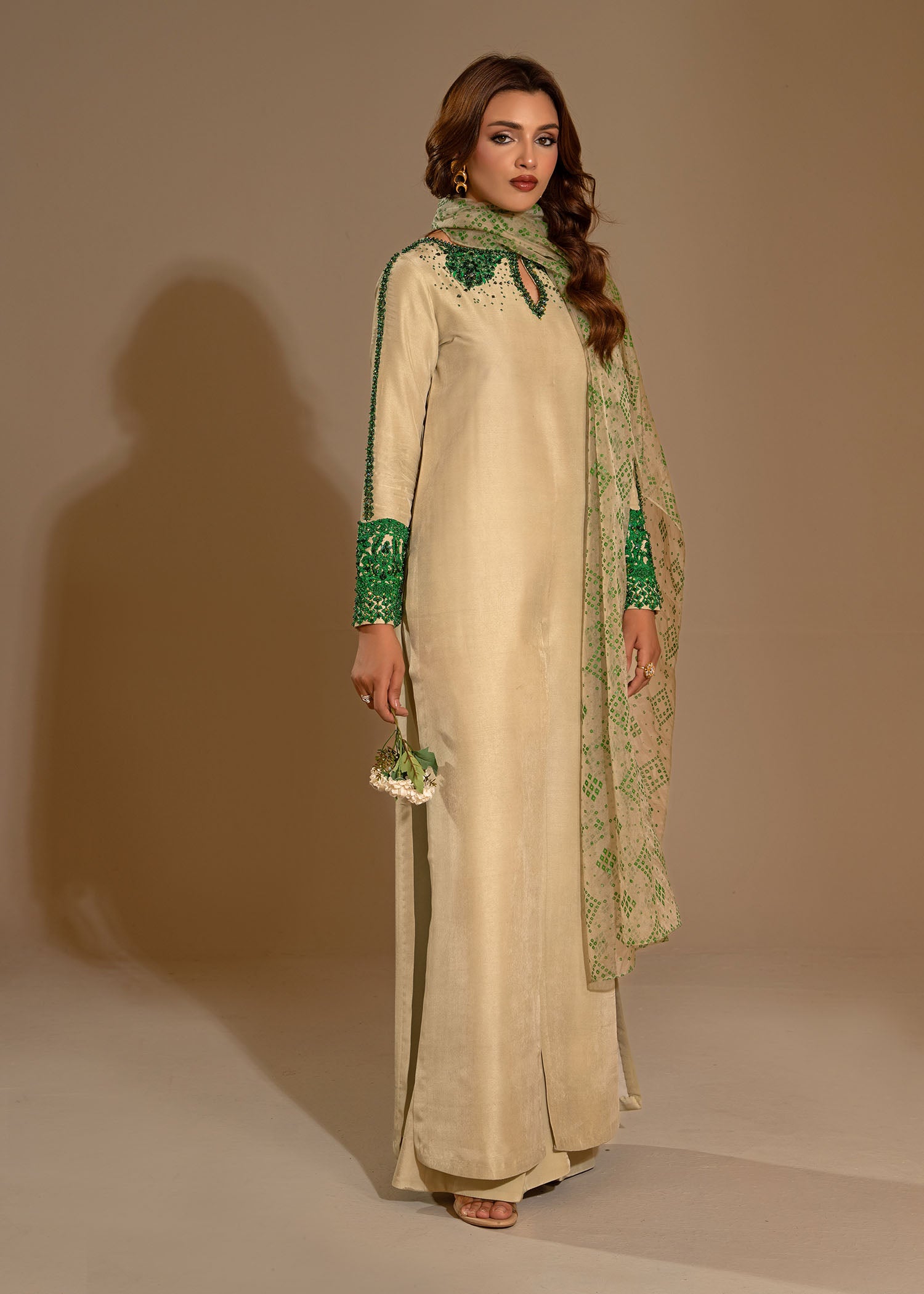 Pakistani Light Pistachio Embroidered Thai Silk Salwar Kameez (3-Piece) - Image 8