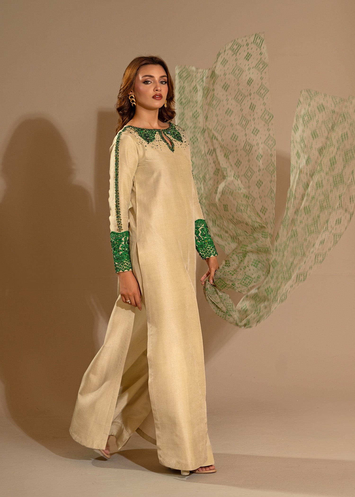 Pakistani Light Pistachio Embroidered Thai Silk Salwar Kameez (3-Piece) - Image 9