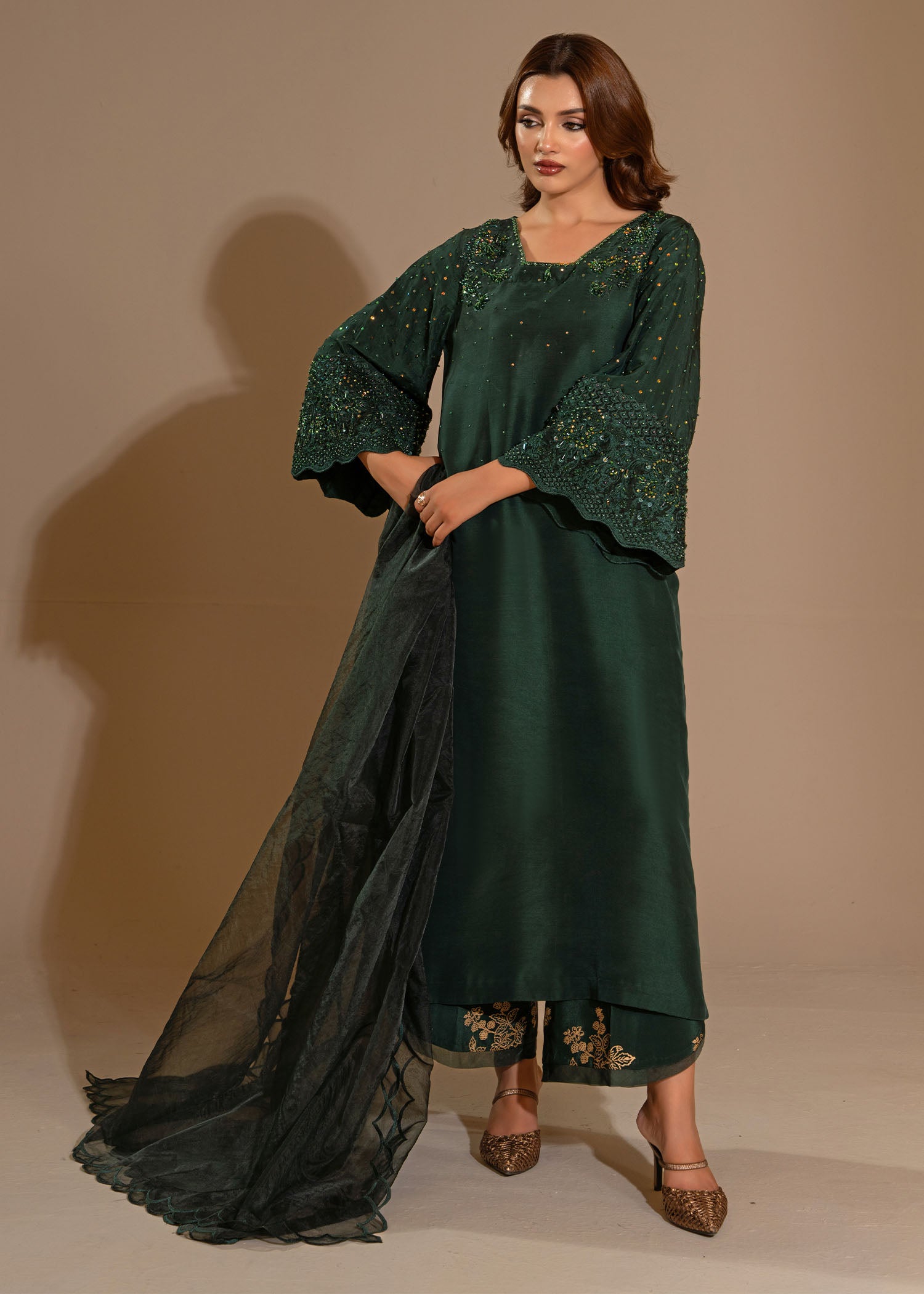 Pakistani Bottle Green Embellished Thai Silk Salwar Kameez (3-Piece) - Image 1