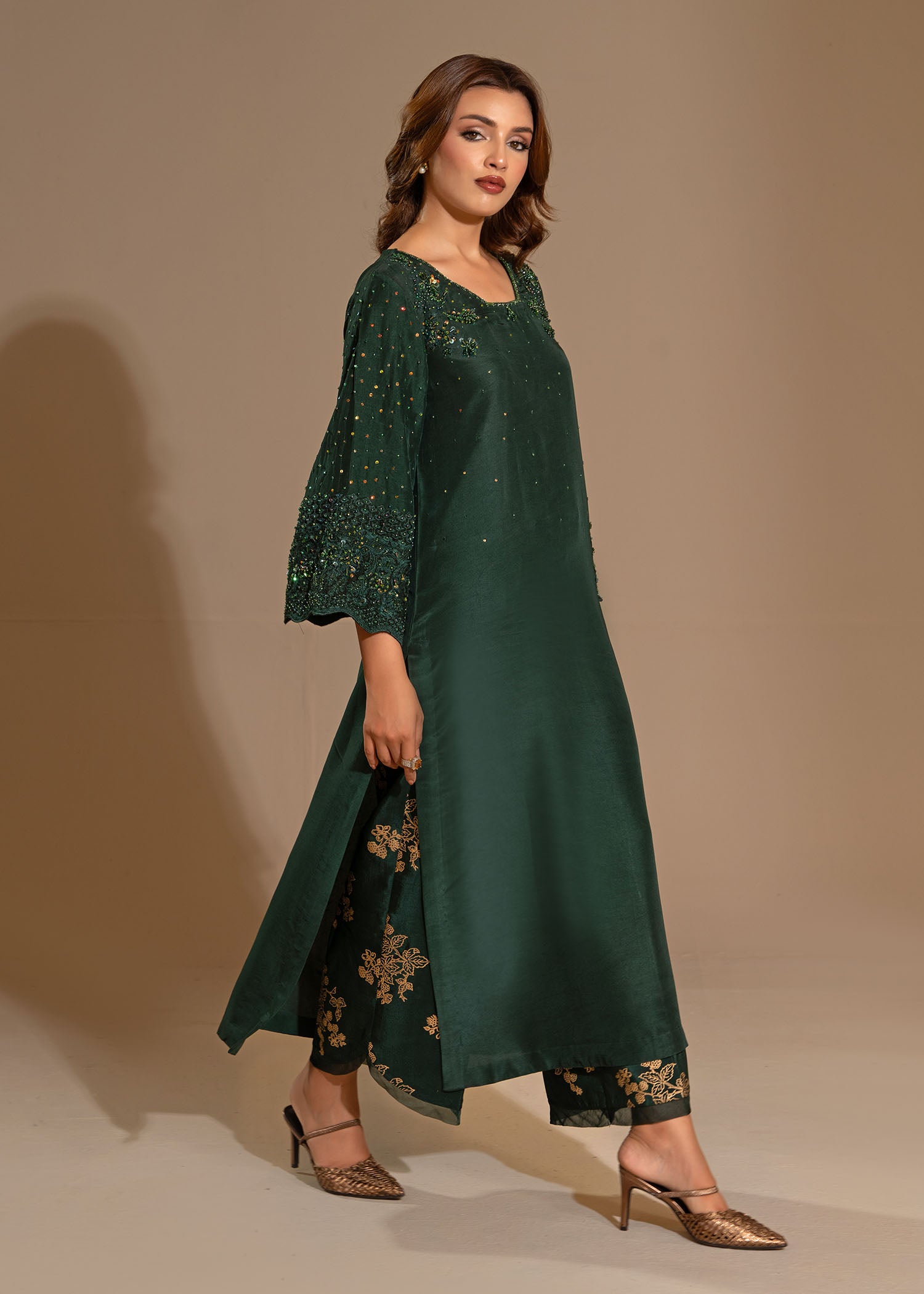 Pakistani Bottle Green Embellished Thai Silk Salwar Kameez (3-Piece) - Image 10