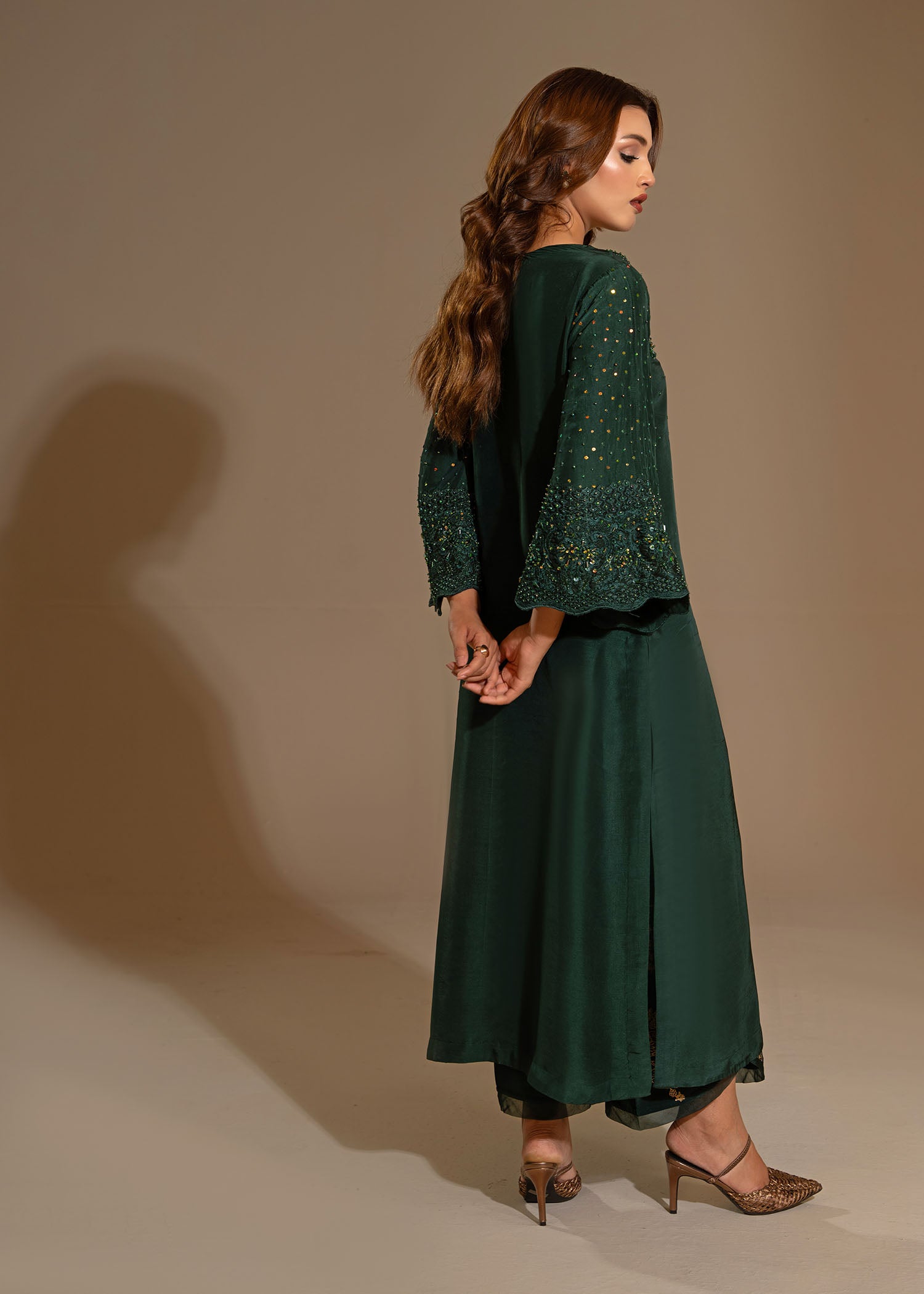 Pakistani Bottle Green Embellished Thai Silk Salwar Kameez (3-Piece) - Image 11